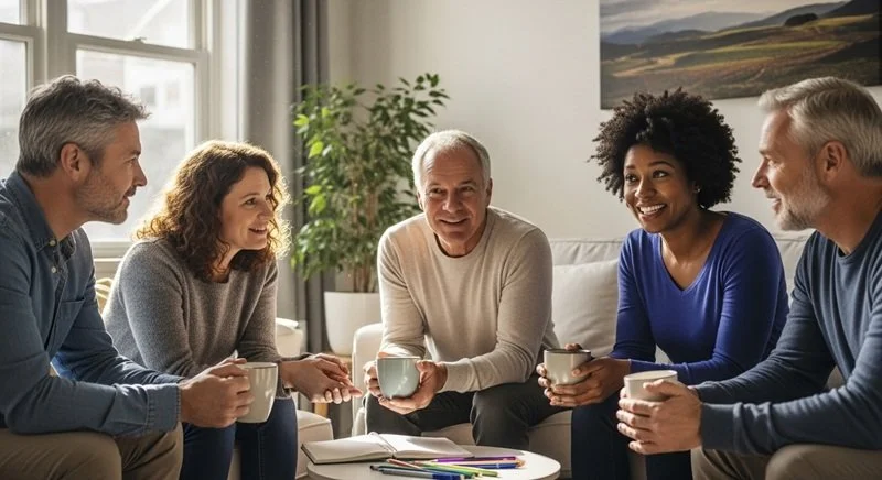 A group of people conversing over coffee.