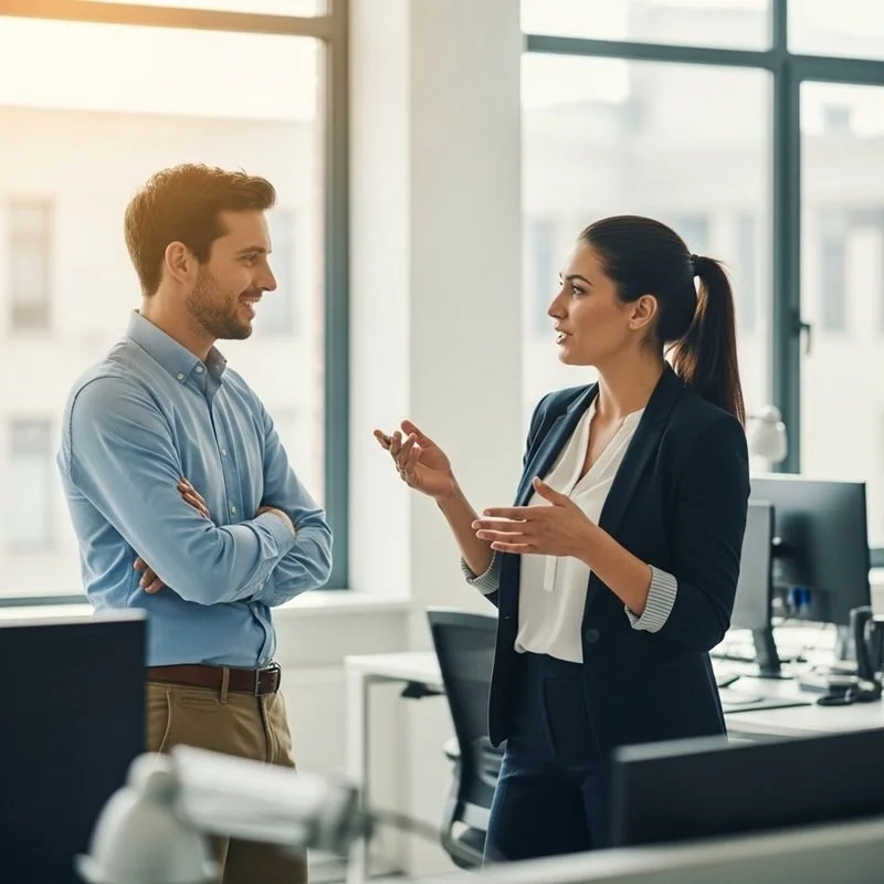 A male and female coworker having a conversation.