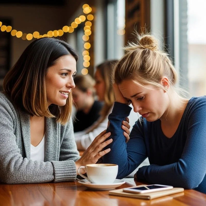 A woman comforting a female friend over coffee.
