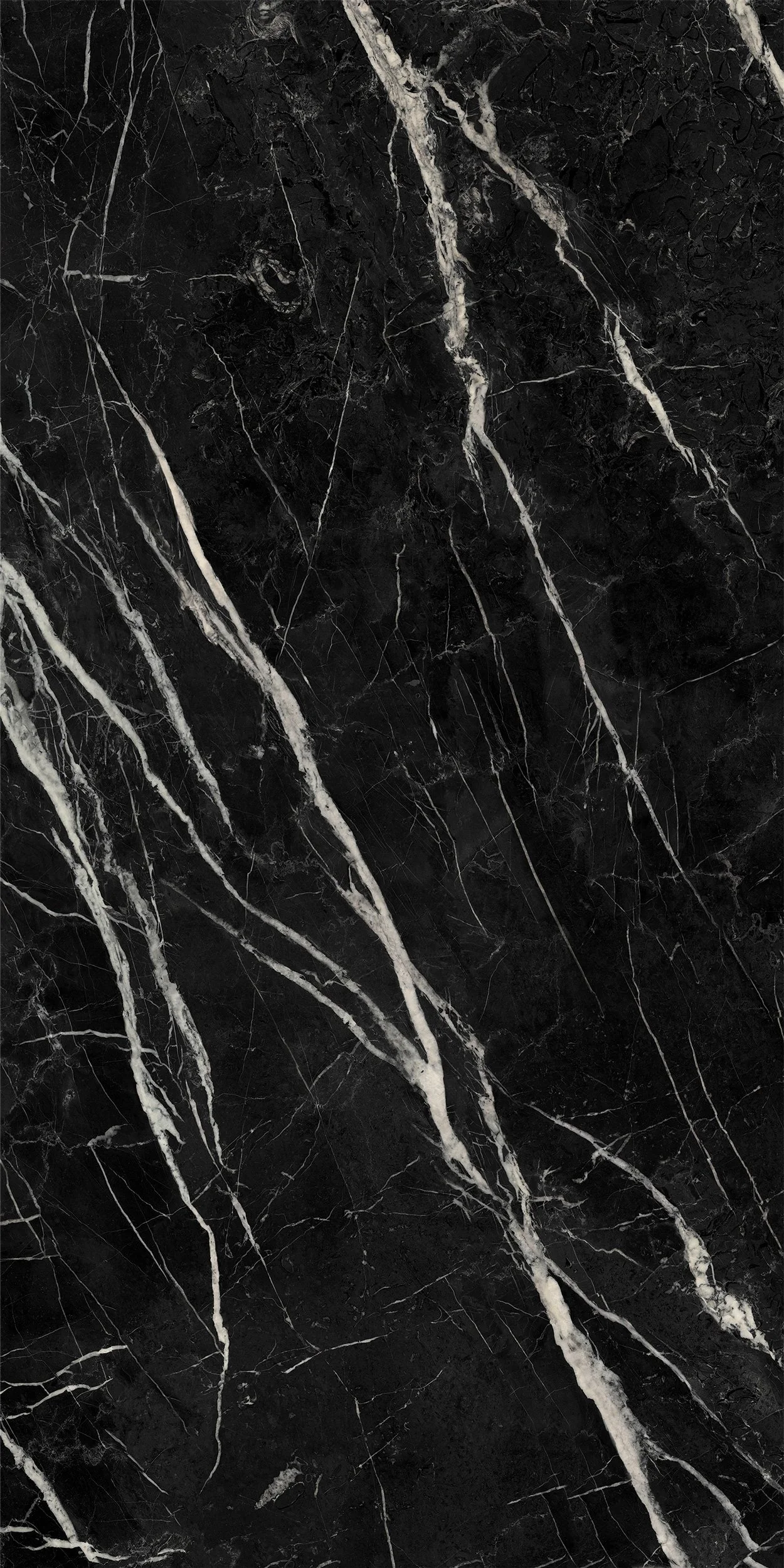 Full slab Nero Marquina porcelain. Deep black background with striking white lightning veins. Large format mineral surface for custom fabrication.