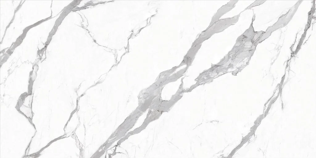 A full size large format Infinity porcelain slab in the Classic Statuario pattern showing a bright white background with dramatic gray veins for countertops and backsplashes.