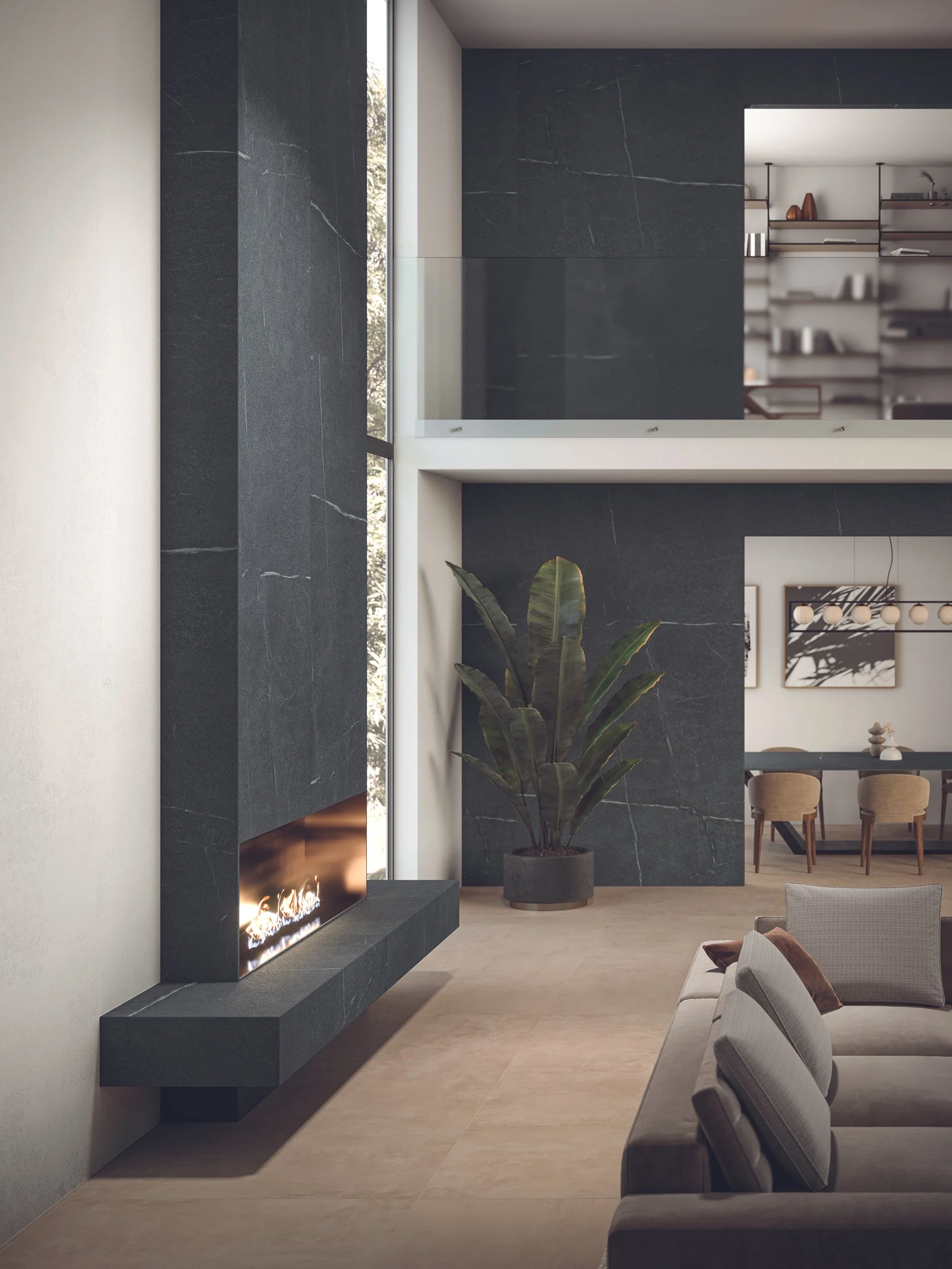 Elevate your Sarasota interior design with walls adorned in the Atlas Plan Soapstone Dark Hammered finish, derived from exquisite Italian slabs. The charcoal hue, combined with the unique hammered texture, creates a sophisticated backdrop that enhanc