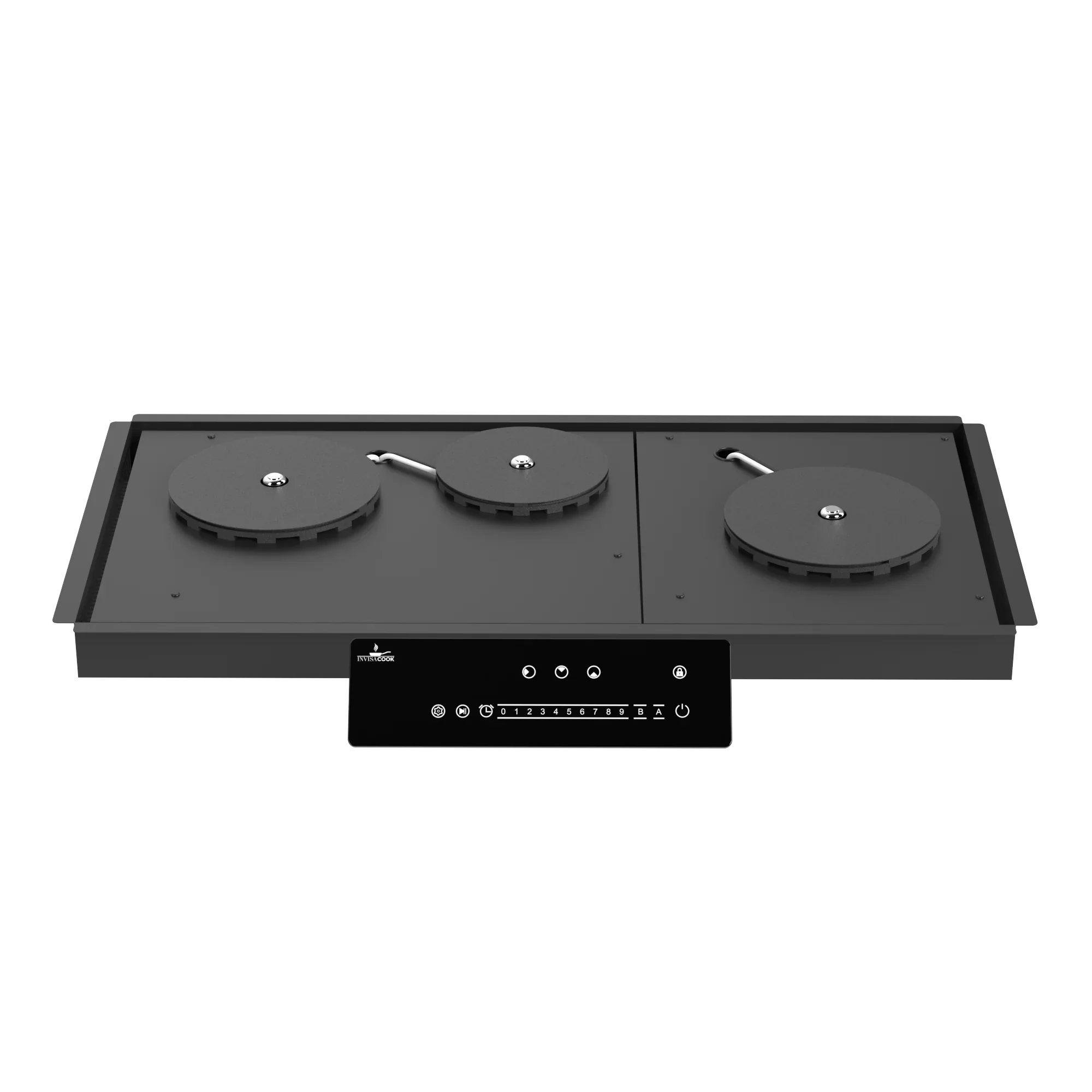 Invisacook three burner system integrated under porcelain countertop designed for family kitchen cooking layout