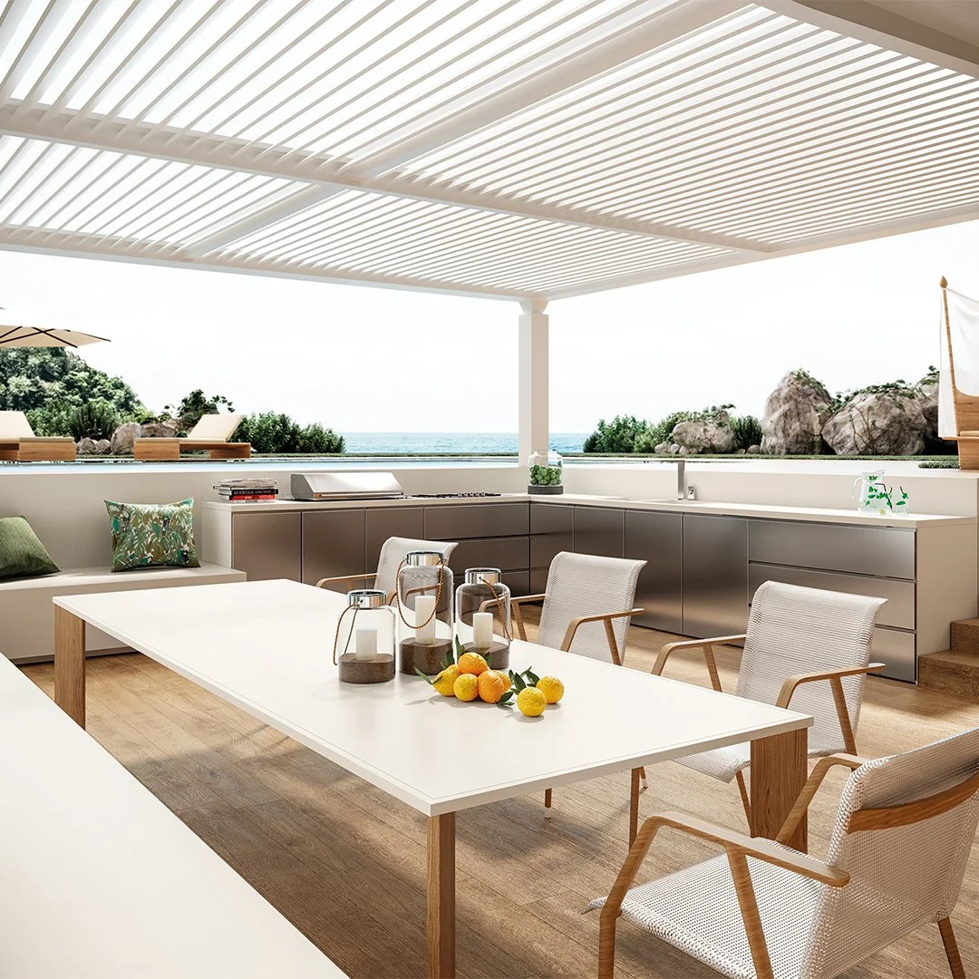 2cm thick porcelain countertop in a Sarasota outdoor kitchen, engineered to be 100% UV stable and thermal shock resistant against direct Florida sun.