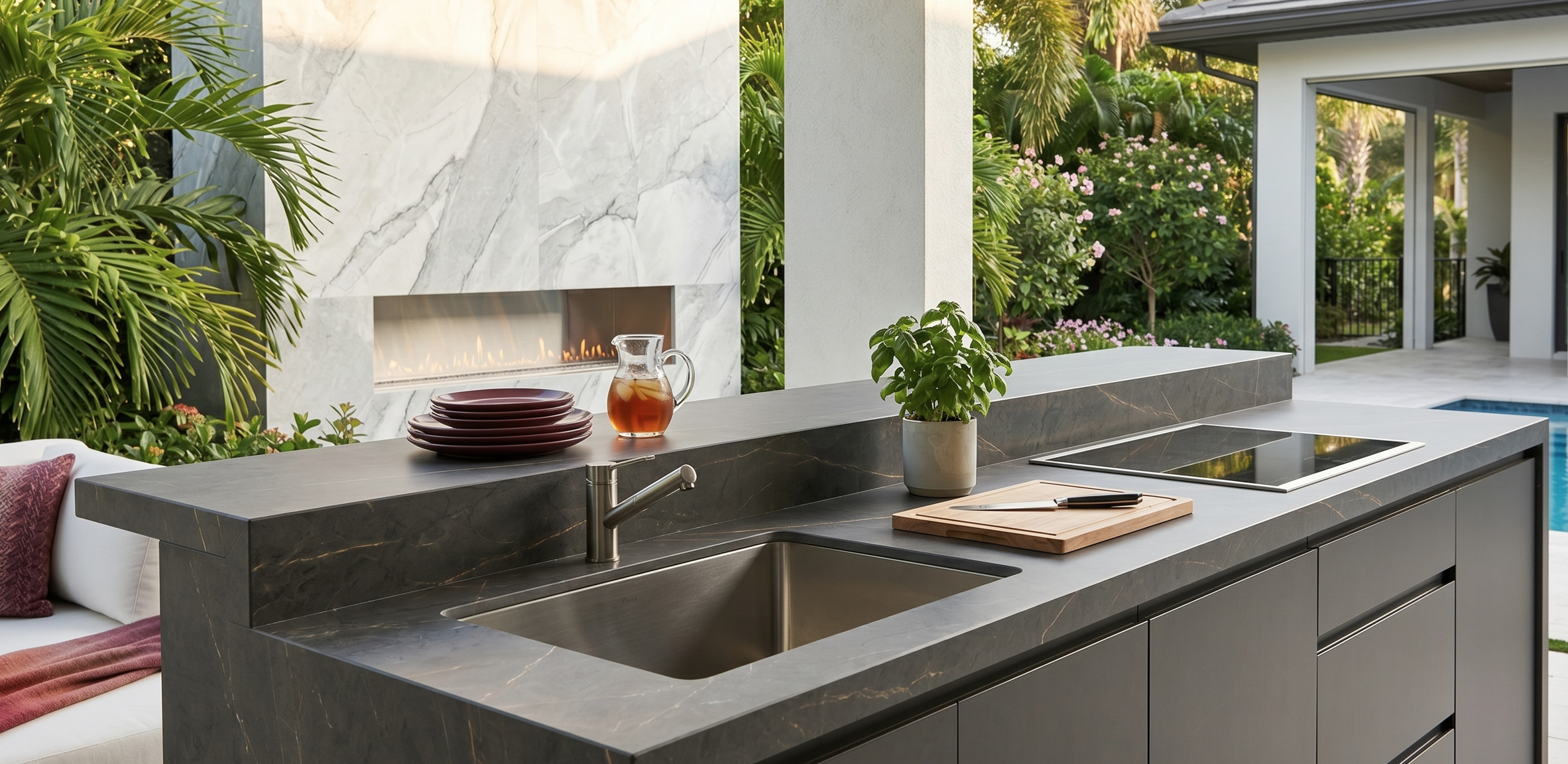 Modern outdoor kitchen design in Florida featuring large-format porcelain slab countertops and integrated sink with a mitered edge profile.