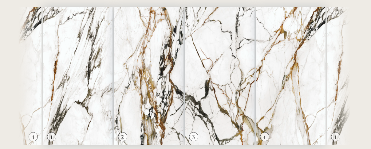 Paonazzo Biondo porcelain slab by XTONE Porcelanosa showing a 4-slab infinite loop match for seamless vertical wall cladding.