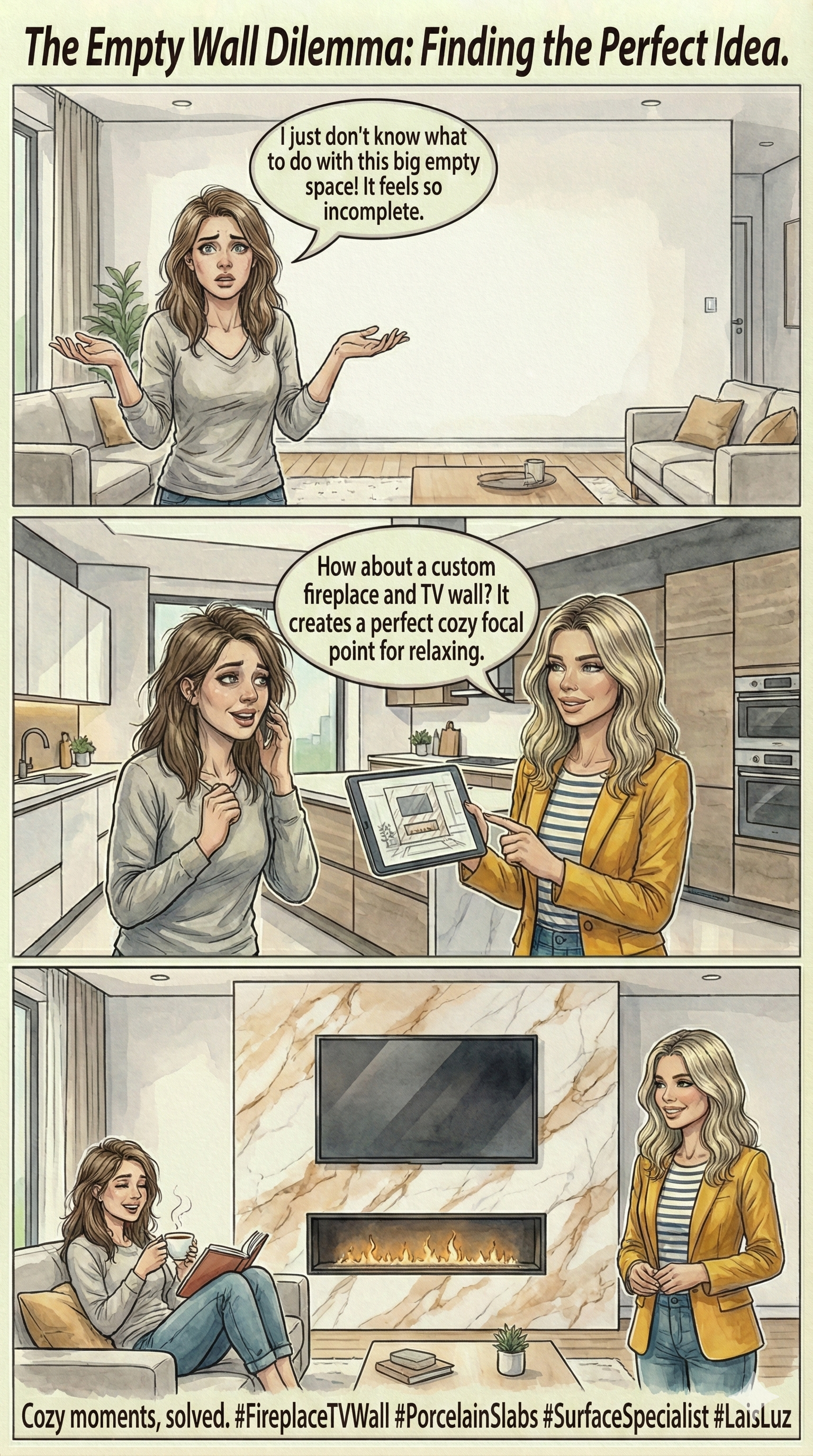 Comic strip illustrating the 'Empty Wall Dilemma,' showing a homeowner transforming a boring living room into a cozy space with a custom fireplace TV wall.