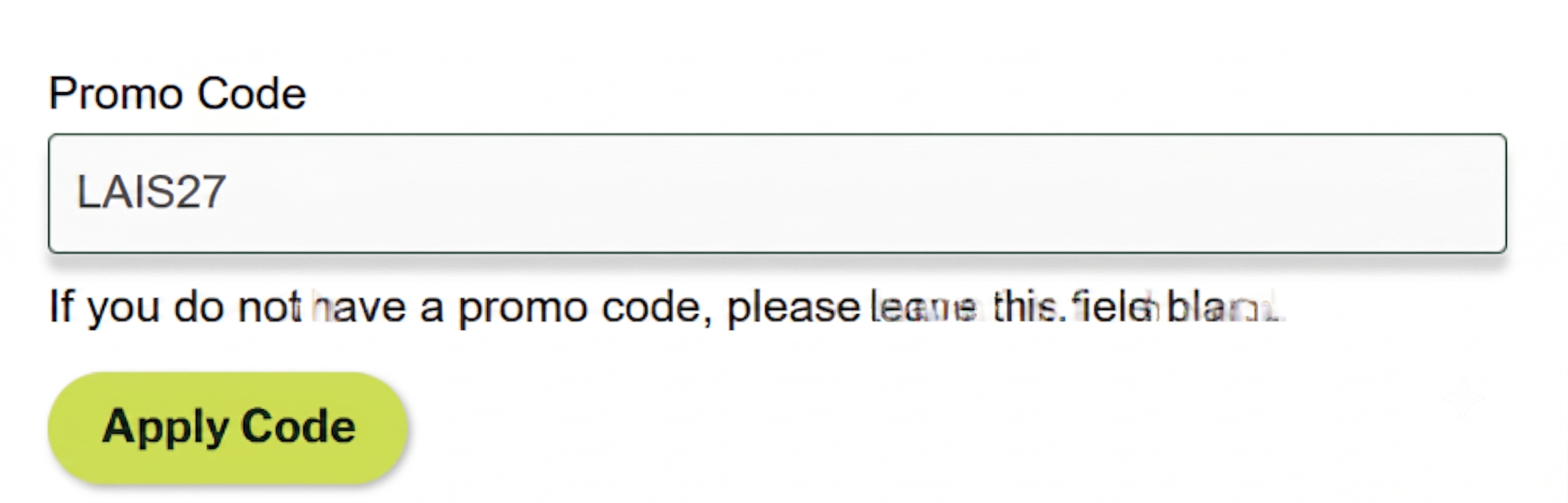 A digital promotional form showing the promo code field filled with LAIS27 above a green Apply Code button for free registration.