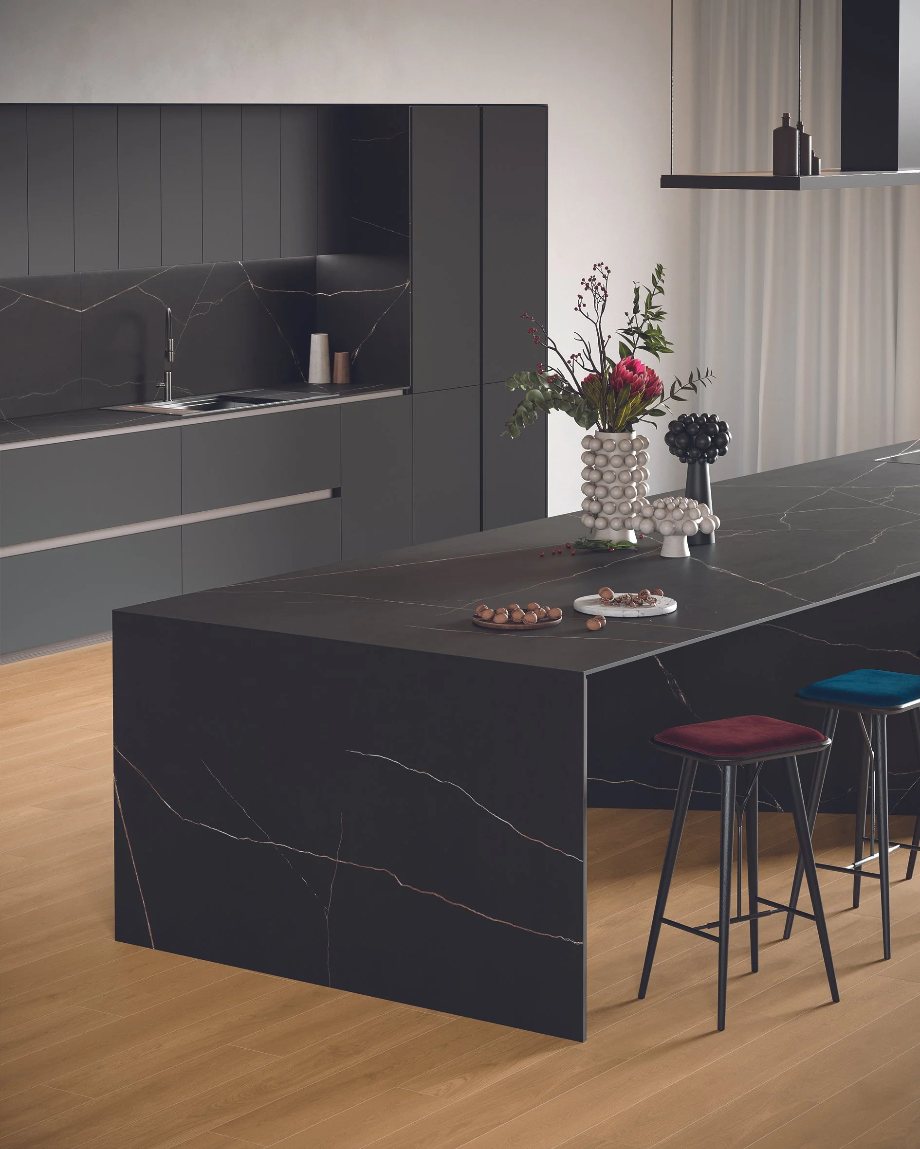 Architectural kitchen island with slim edge porcelain waterfall countertop design