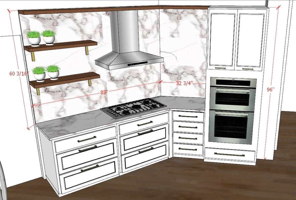 3D kitchen design render showing measurements for a full height marble look porcelain backsplash with a range hood and floating shelves.