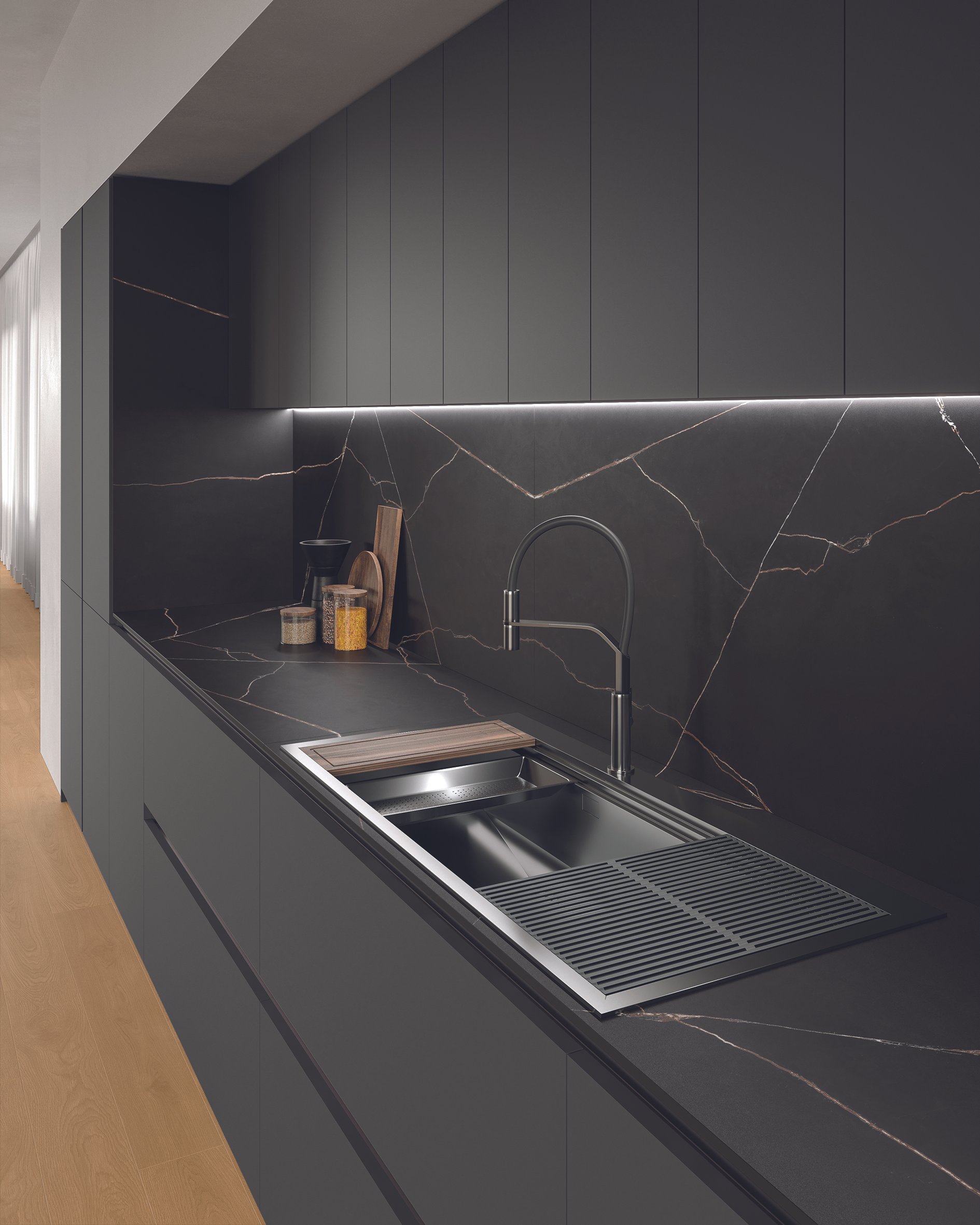 Close-up of softened edge porcelain countertop showing thin 12mm slab profile