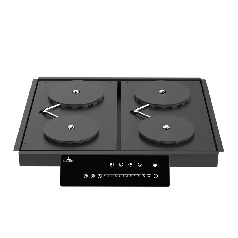 Invisacook four burner system in cluster layout under stone countertop showing compact square arrangement of induction cooking zones