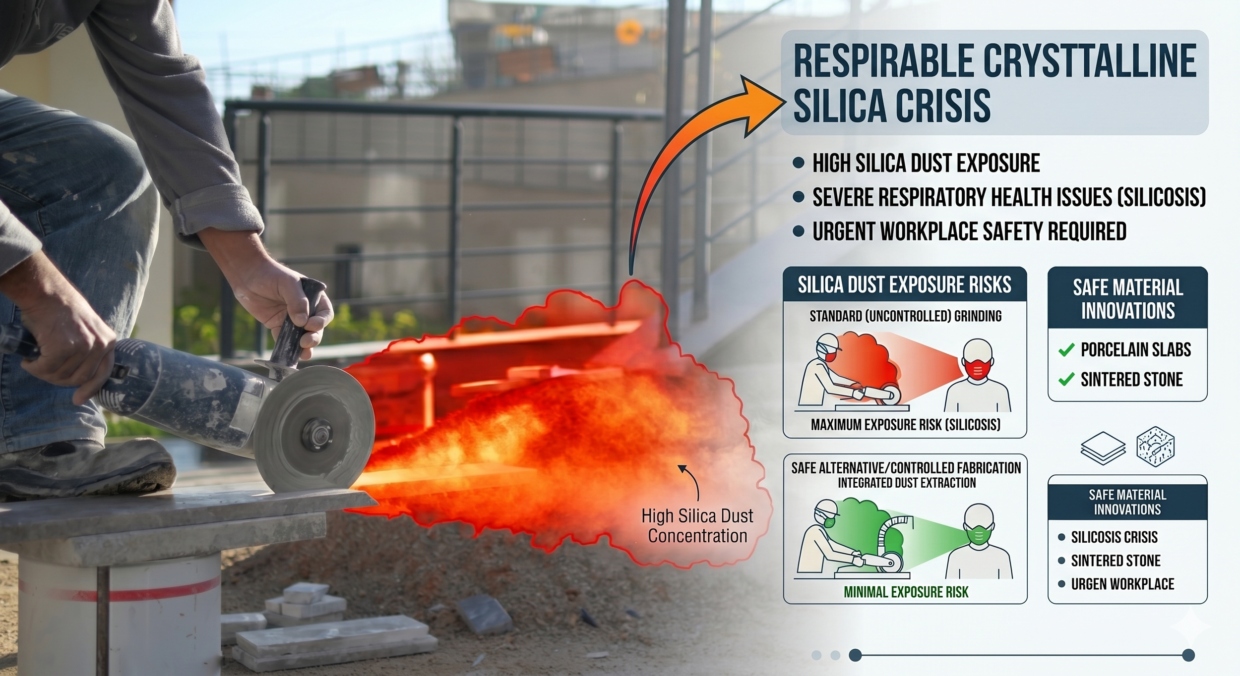 The left side shows a construction worker cutting stone with an angle grinder, with a large highlighted red dust cloud labeled "High Silica Dust Concentration."