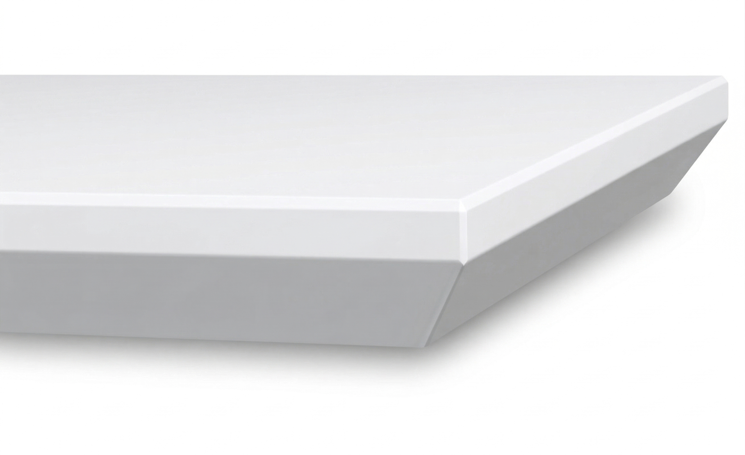 porcelain countertop featuring a Ledge Edge (also known as a Reverse Bevel or Platter Edge). The design showcases a sharp, modern profile where the edge slopes dramatically inward toward the base, creating a sleek, undercut appearance.