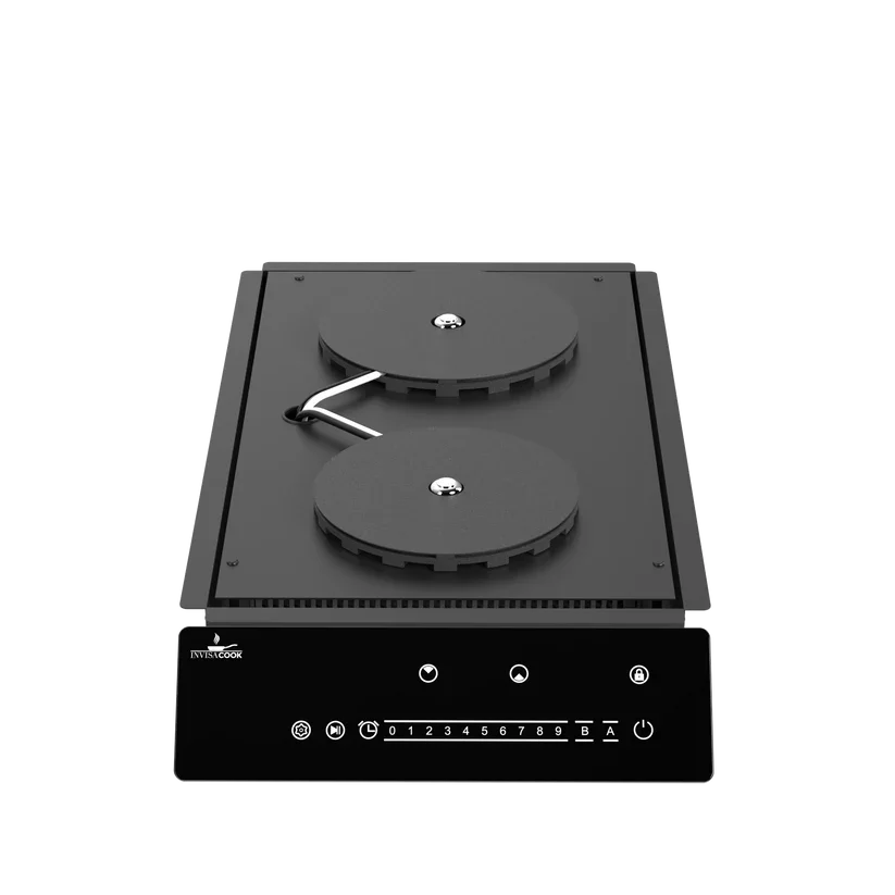 Invisacook two burner system under stone countertop showing dual induction cooking zones in modern kitchen design