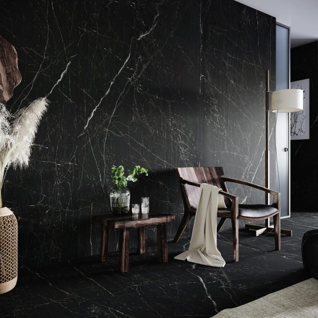 Floor-to-ceiling Dekton Somnia vertical installation showing minimal grout lines for a seamless architectural feature wall.