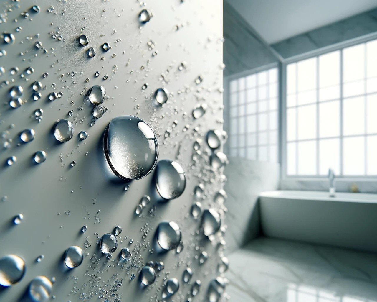 A luxury grout-free shower enclosure lined with large-format porcelain slabs to prevent moisture absorption and mold growth in flood-prone coastal Florida homes.