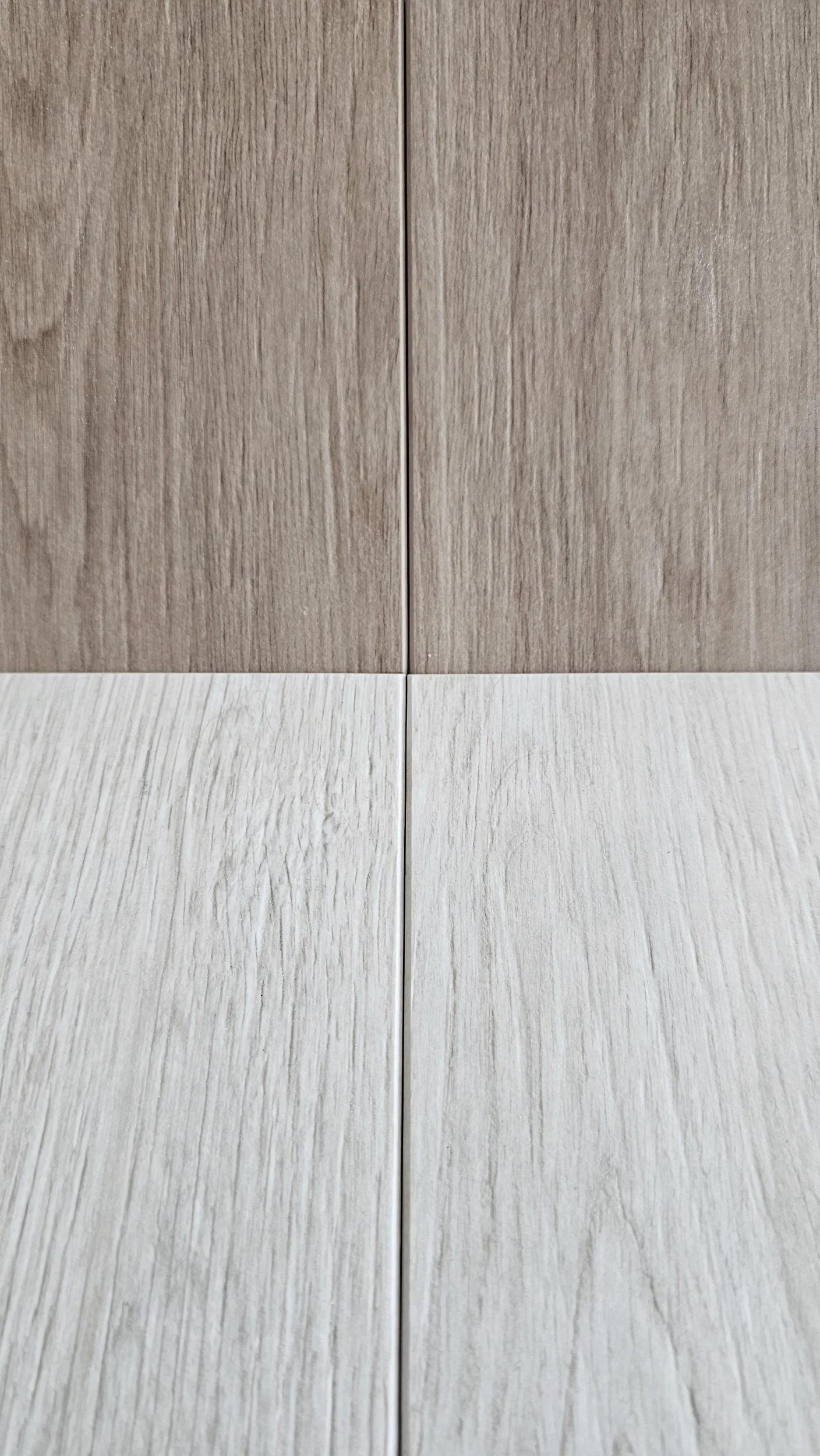 Close-up comparison of Dekton Zira and Kedar wood-look samples showing authentic grain texture.