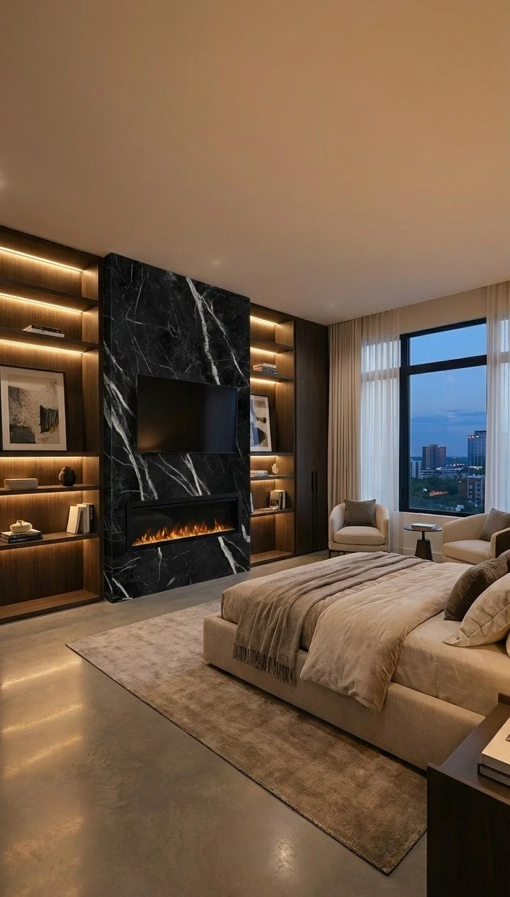 Modern master bedroom suite featuring a dramatic Nero Marquina black marble fireplace and media wall. A linear fireplace and TV are integrated into the stone slab, flanked by custom lit wood cabinetry and shelving.