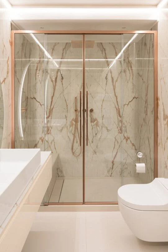 Dekton shower walls no grout lines, no mold.