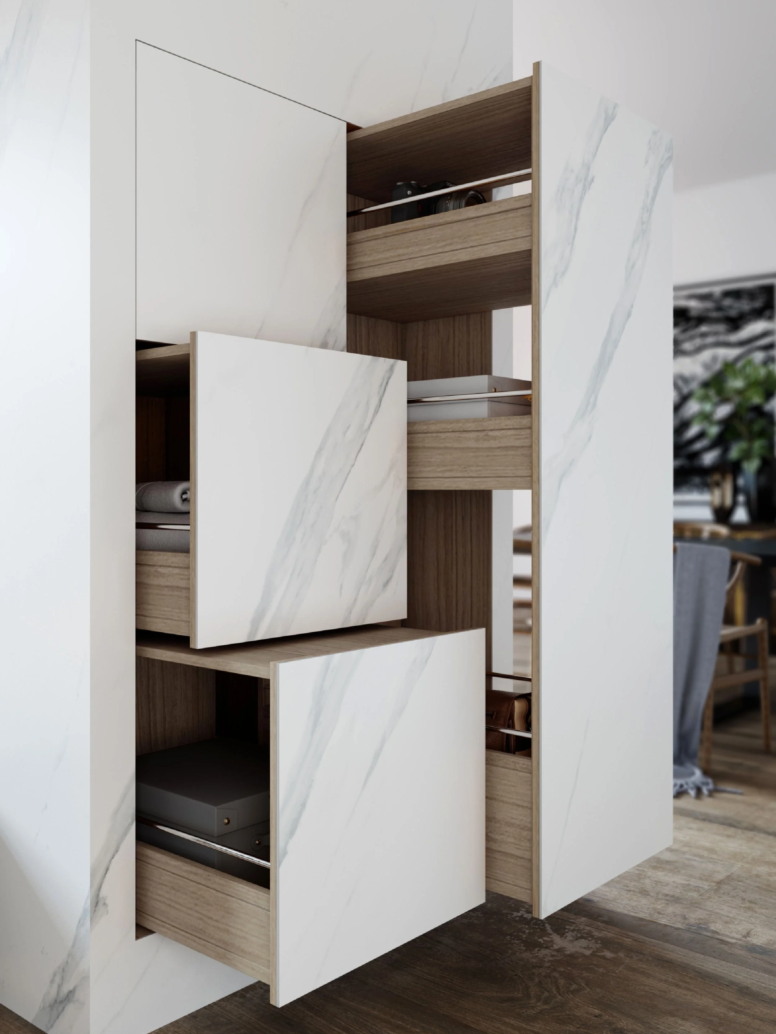 The image here shows the 4mm DEKTON® applied to the surface of these cabinet doors for a stunning, durable finish.