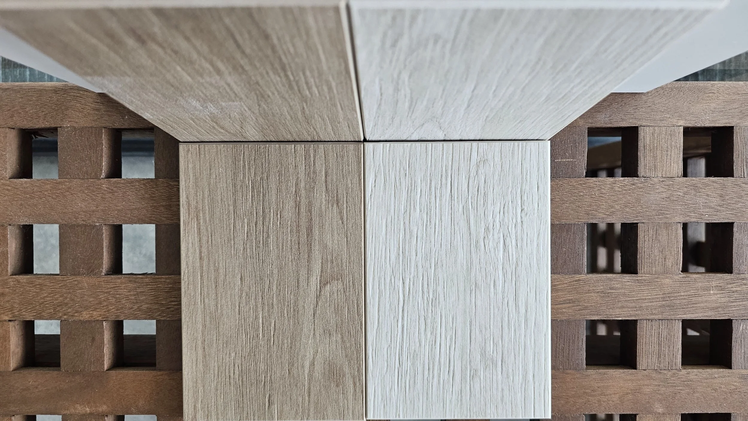 Dekton Amazonik wood-look slabs in Zira and Kedar finishes for modern interior design.