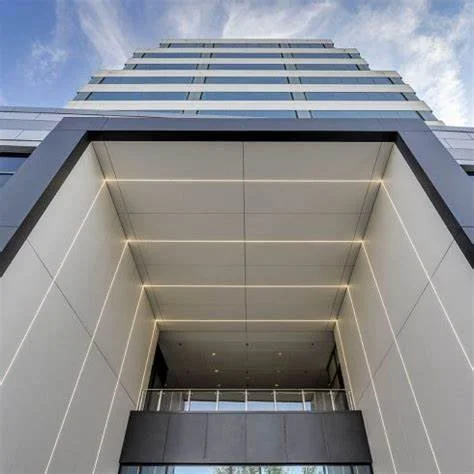 Commercial architectural facade using Neolith sintered stone exterior cladding system.
