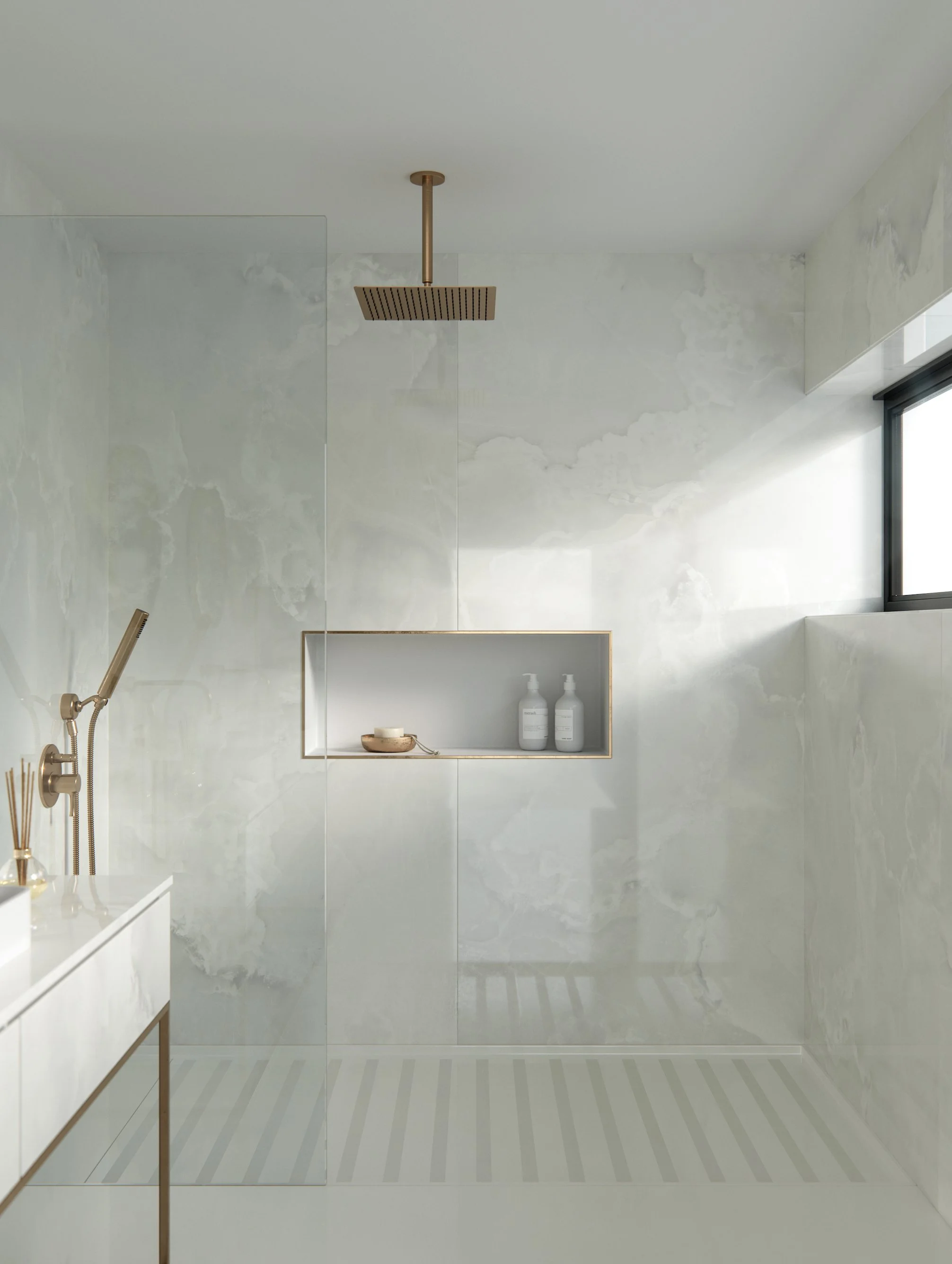 Custom low-profile Dekton shower pan featuring a slip-resistant Grip plus textured surface finish installed in a Lakewood Ranch home.