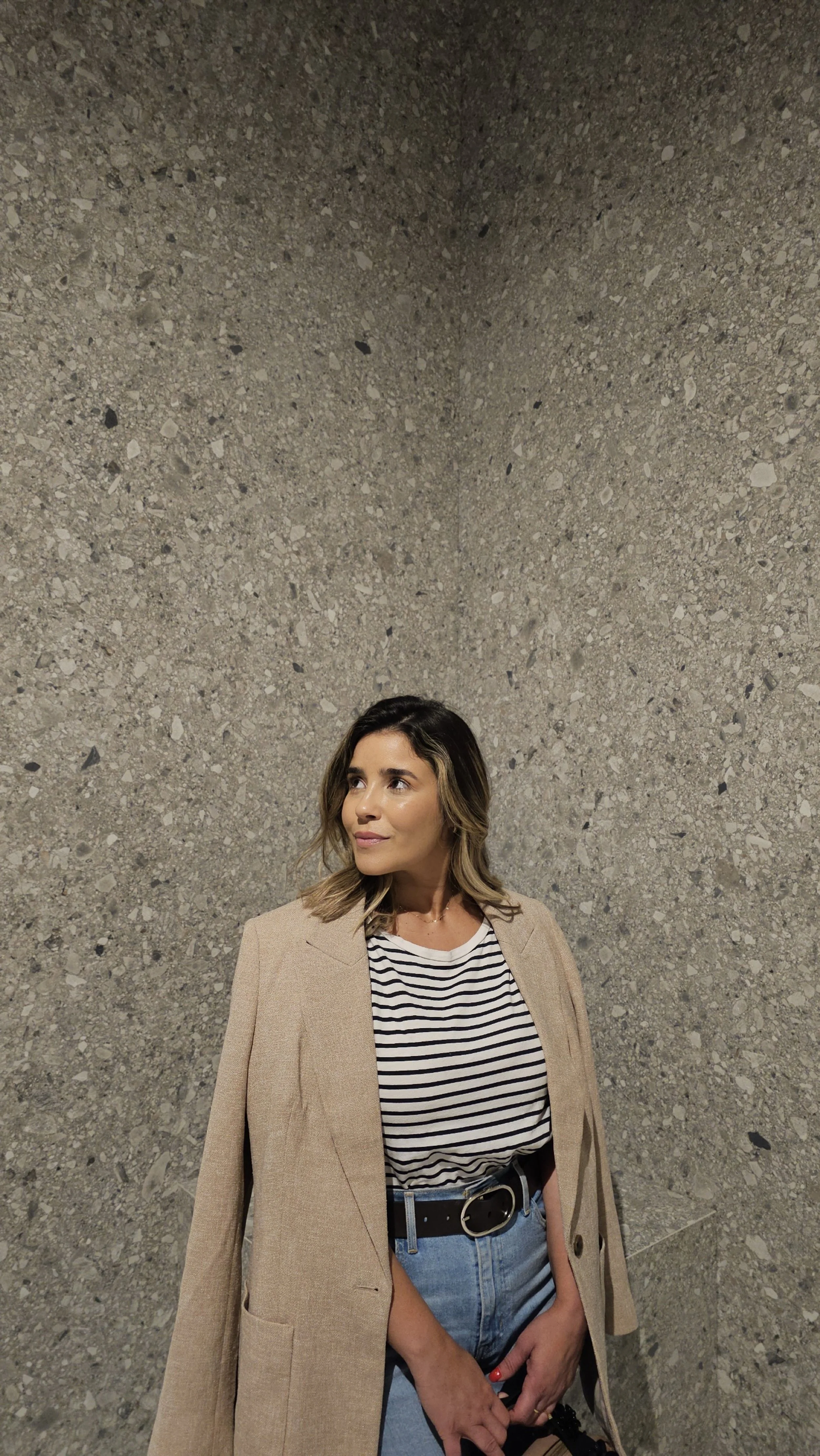 Terrazzo porcelain slab look.