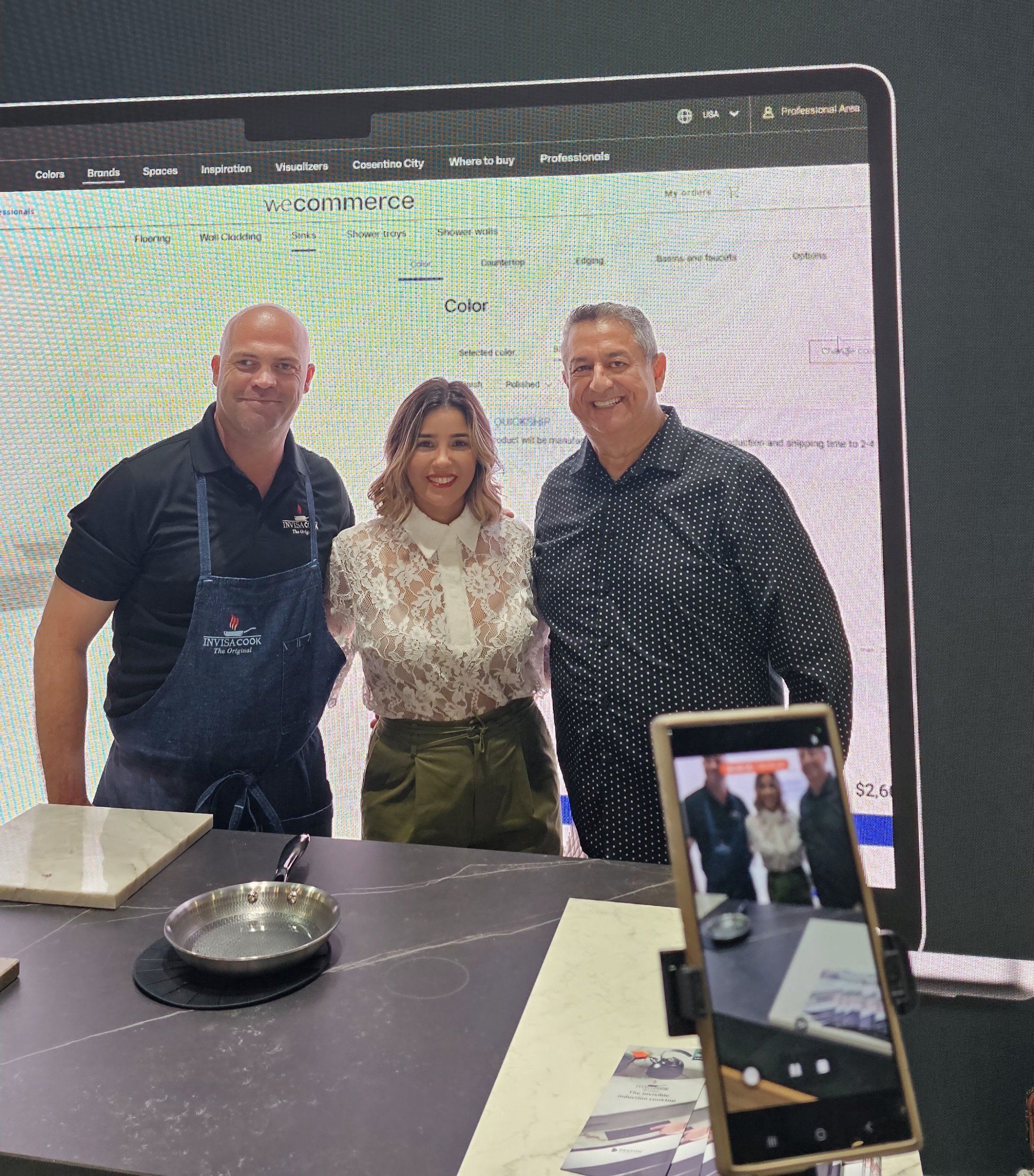 Official Invisacook Ambassador Laís Luz with CEO Hans King and Inventor Curtis Ceballos at a professional induction cooking demonstration.
