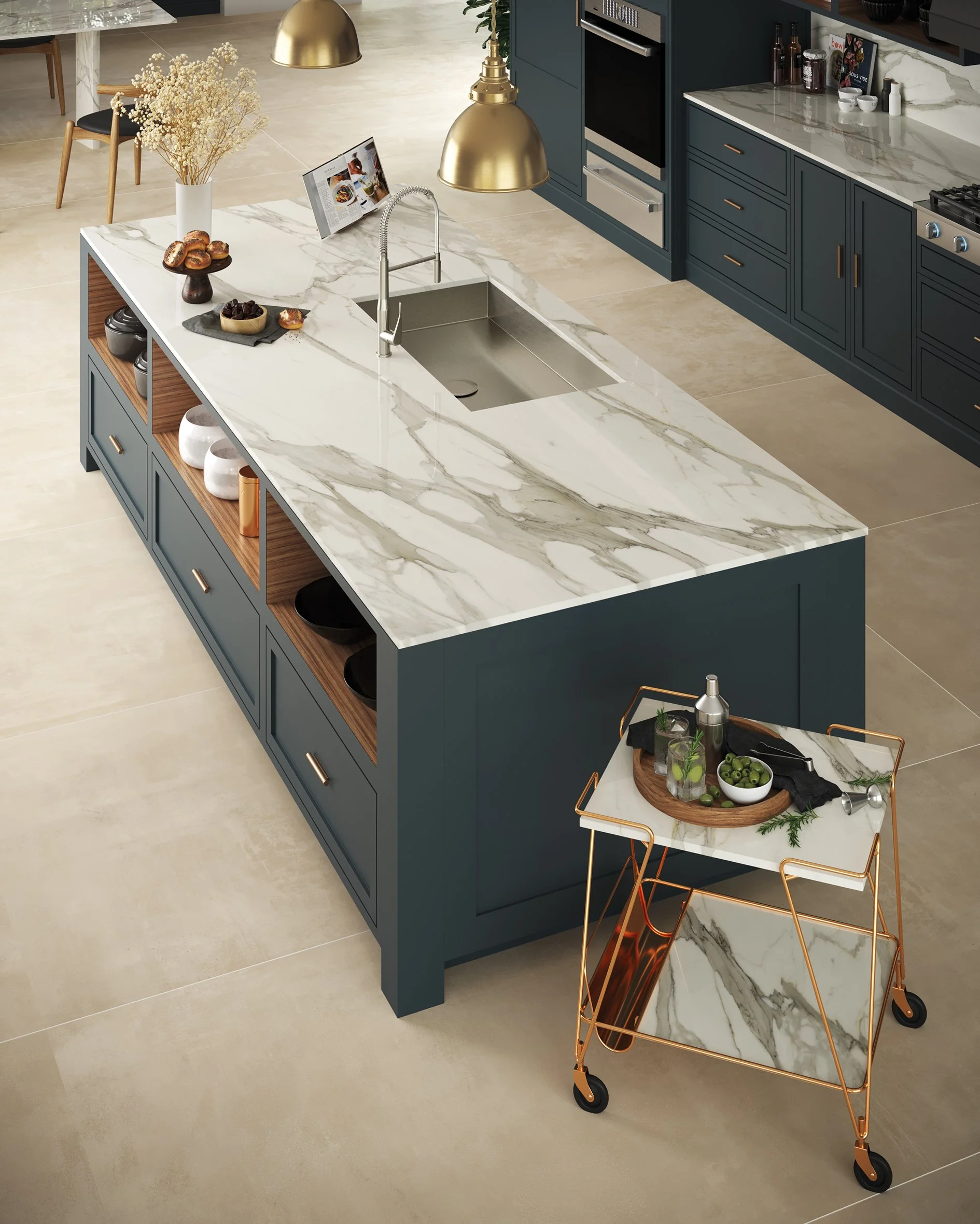 This elegant kitchen island, featuring Calacatta Borghini with a thin edge profile, exudes sophistication. The blue cabinetry provides a striking contrast to the bright, marble-look surface, while open shelving and integrated storage add a touch of m