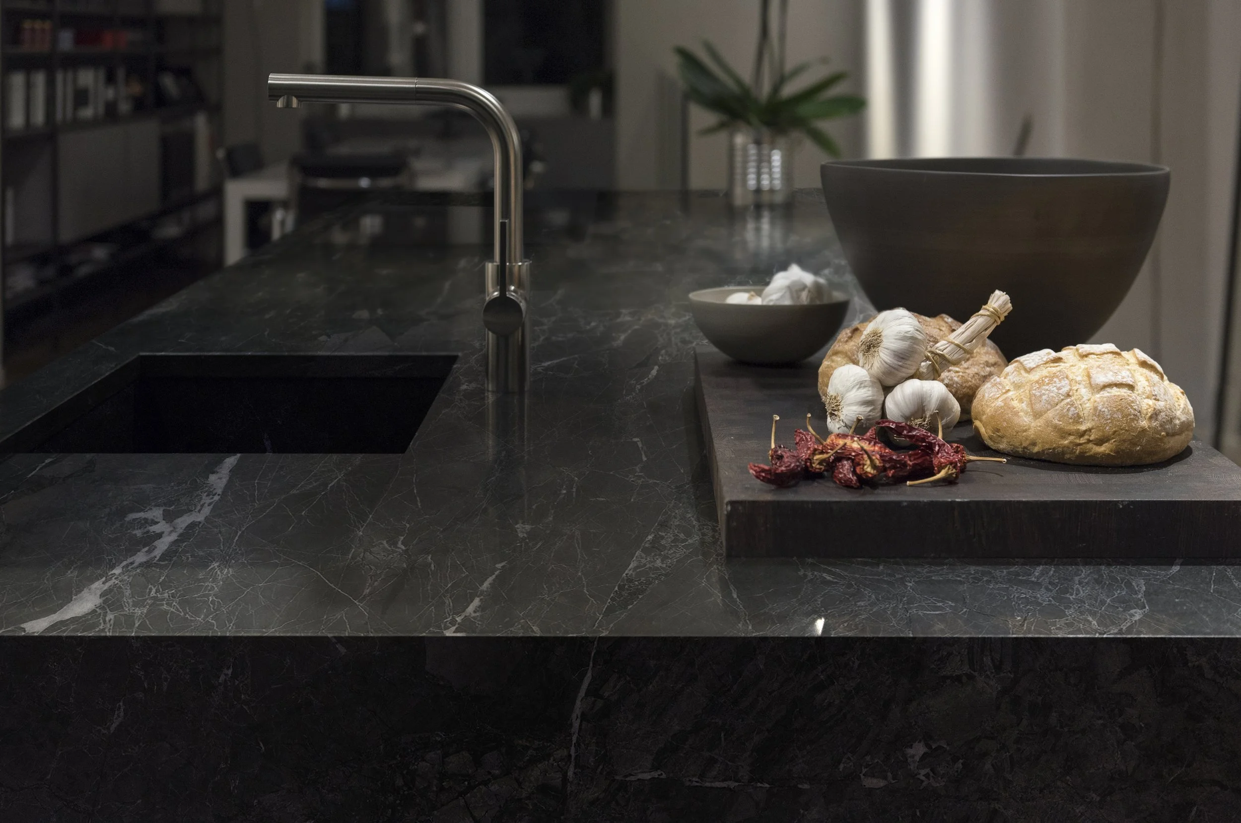 Close-up view of a custom mitered edge profile on a high-performance Neolith Layla sintered stone countertop installation.