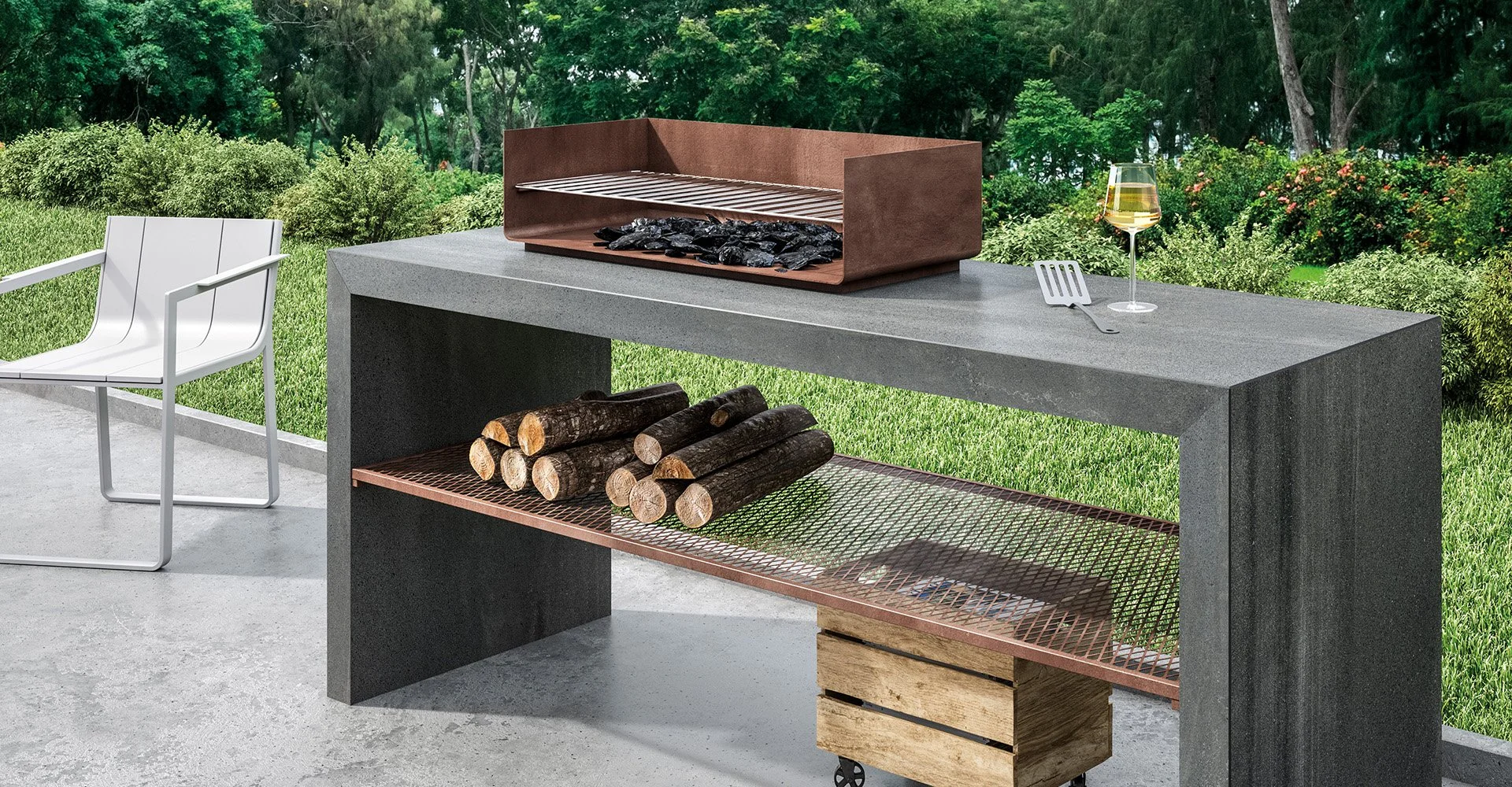 Outdoor kitchen countertop modern look with mitered edge.