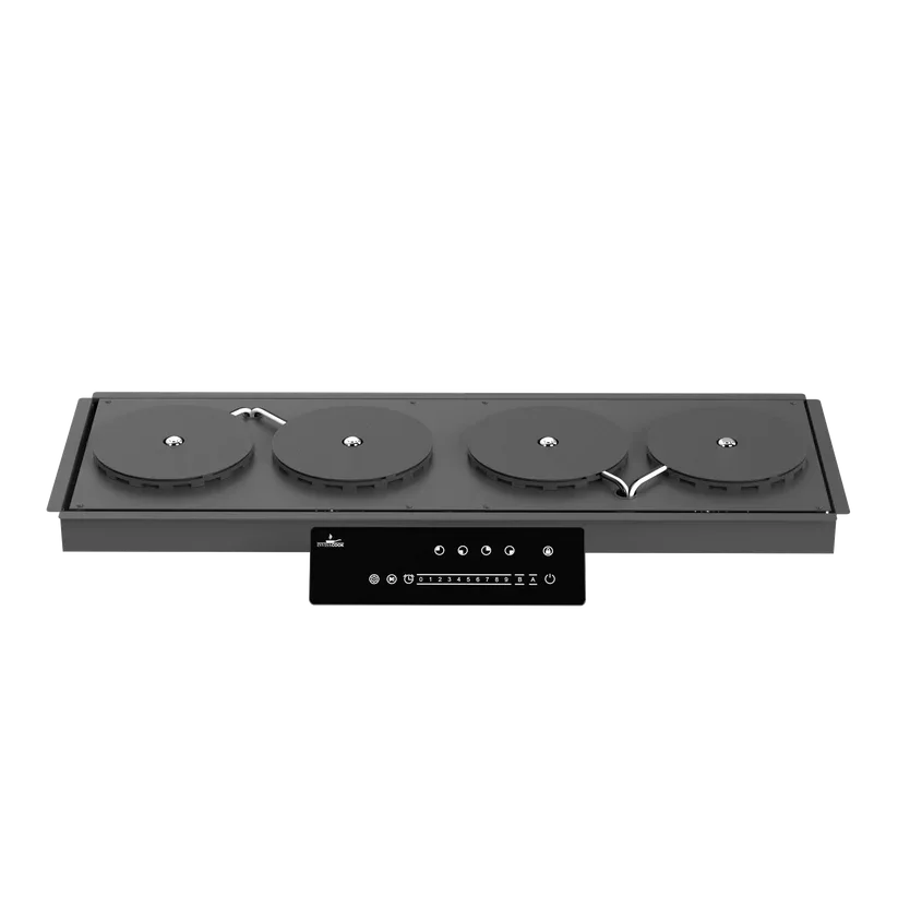 Invisacook four burner system in linear layout installed under porcelain countertop showing straight alignment of four induction zones for modern kitchen design