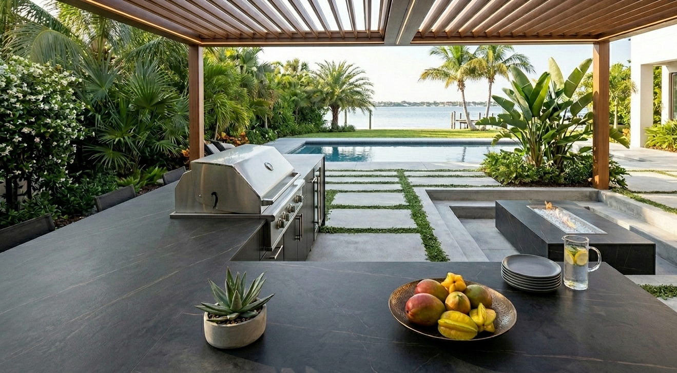 Modern Florida outdoor kitchen featuring dark Dekton 2cm countertops with an eased edge, built-in grill, and luxury pool view.