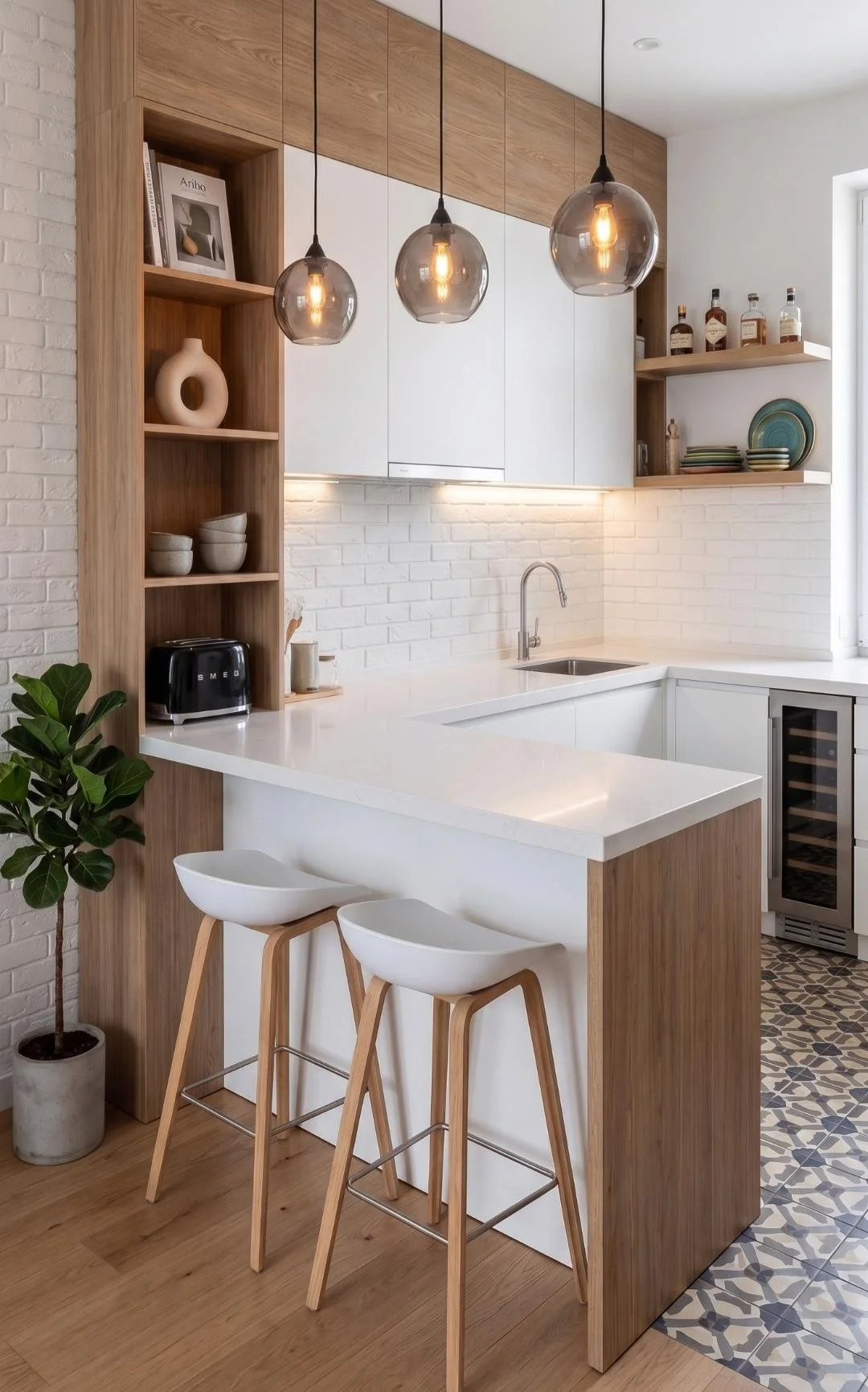 Minimalist U-shaped kitchen featuring clean white countertops and light oak cabinetry, illustrating how hidden induction preserves counter space in compact home designs.