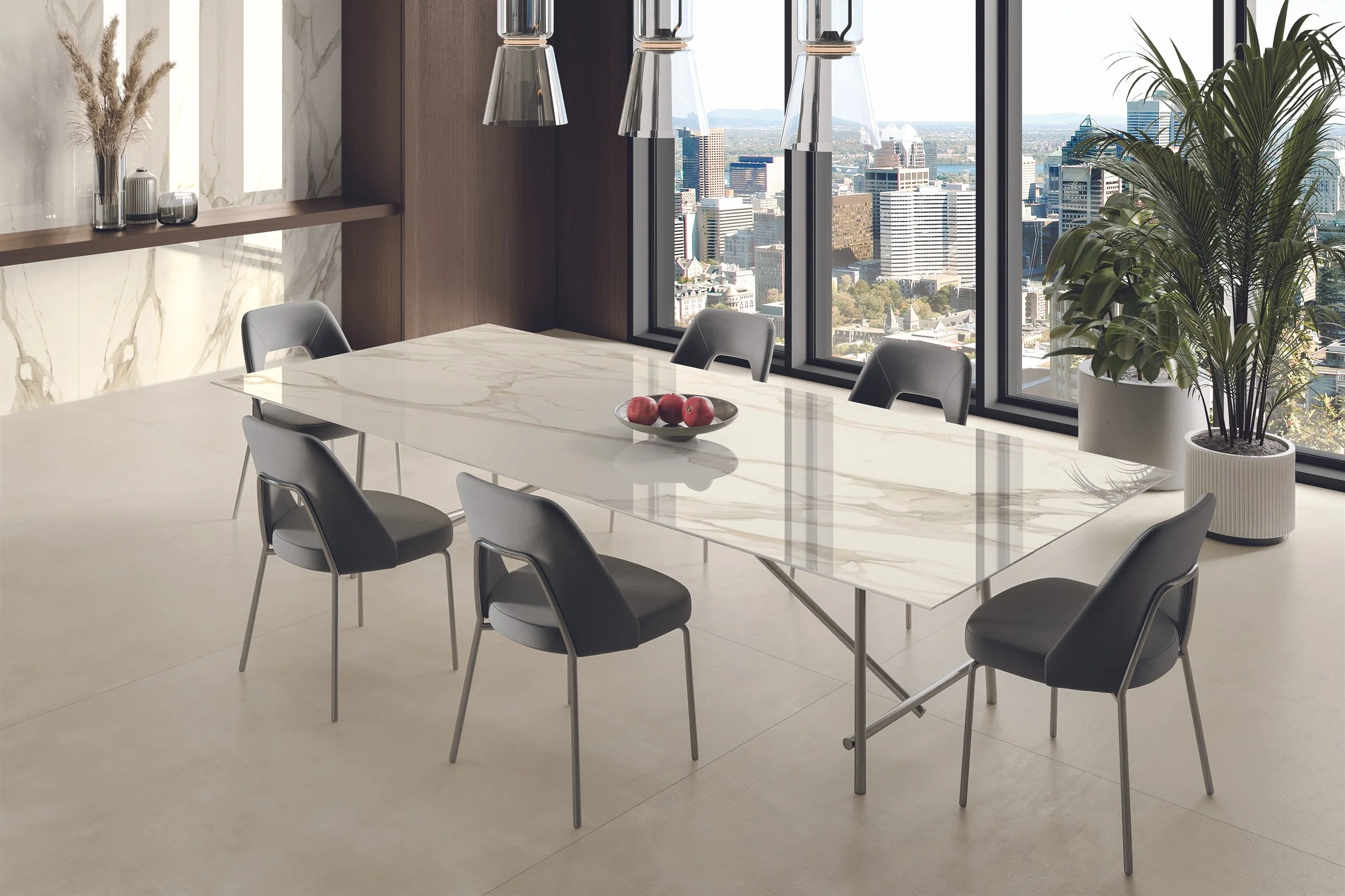 The slim porcelain tabletop is not only visually stunning but also incredibly durable, making it ideal for everyday use and entertaining.