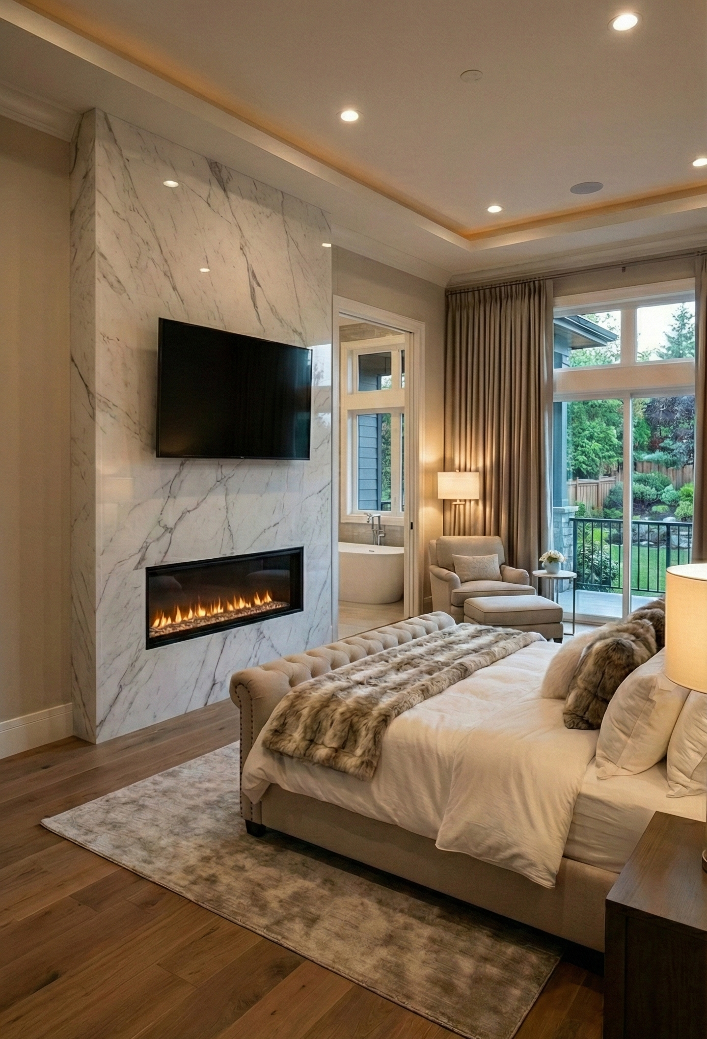 Luxury master suite featuring a seamless floor-to-ceiling fireplace wall in Bianco Statuario porcelain, with a linear electric fireplace and mounted TV.