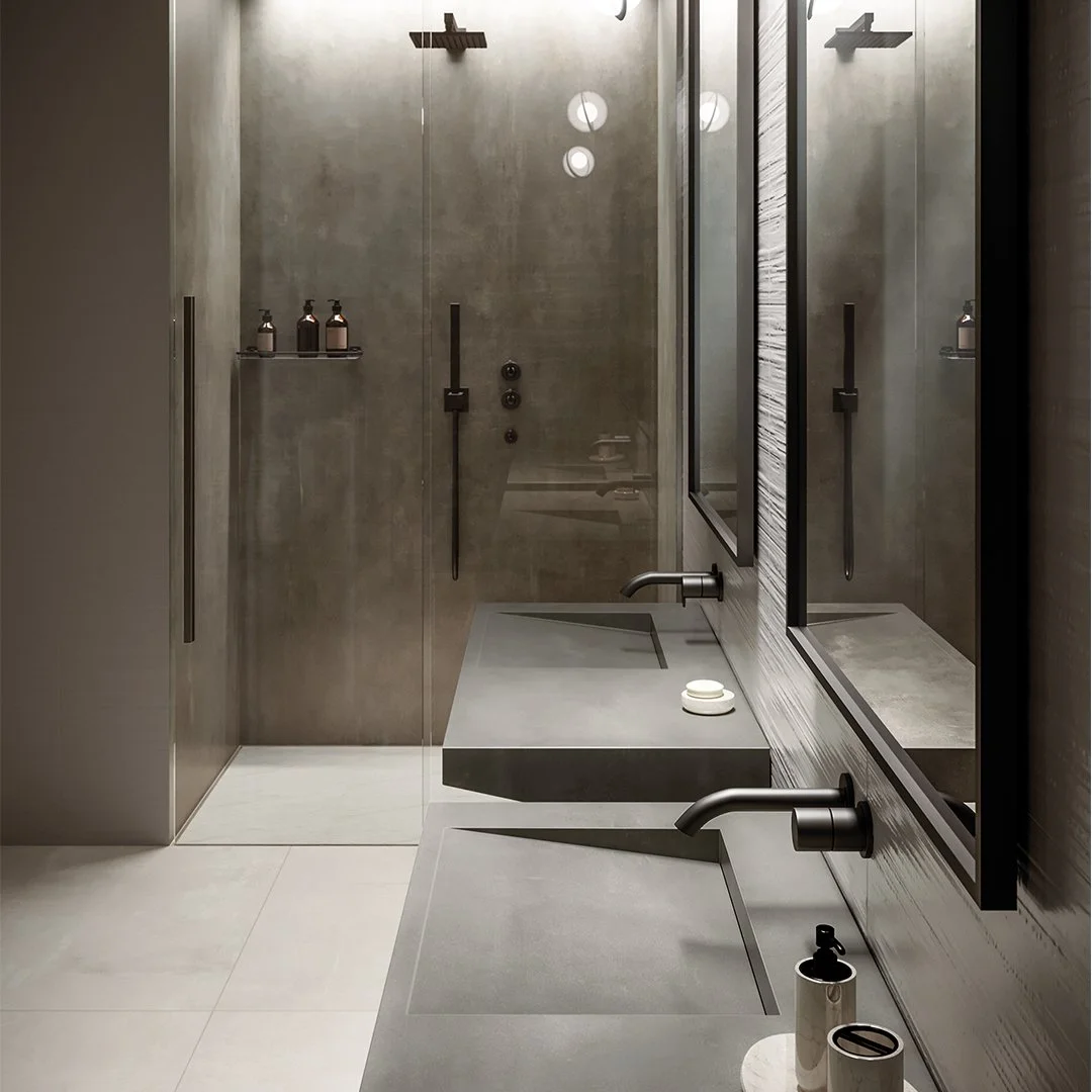 A sleek, modern wet room featuring warm beige concrete-look porcelain showers with a seamless matte finish and grout-free wall cladding.