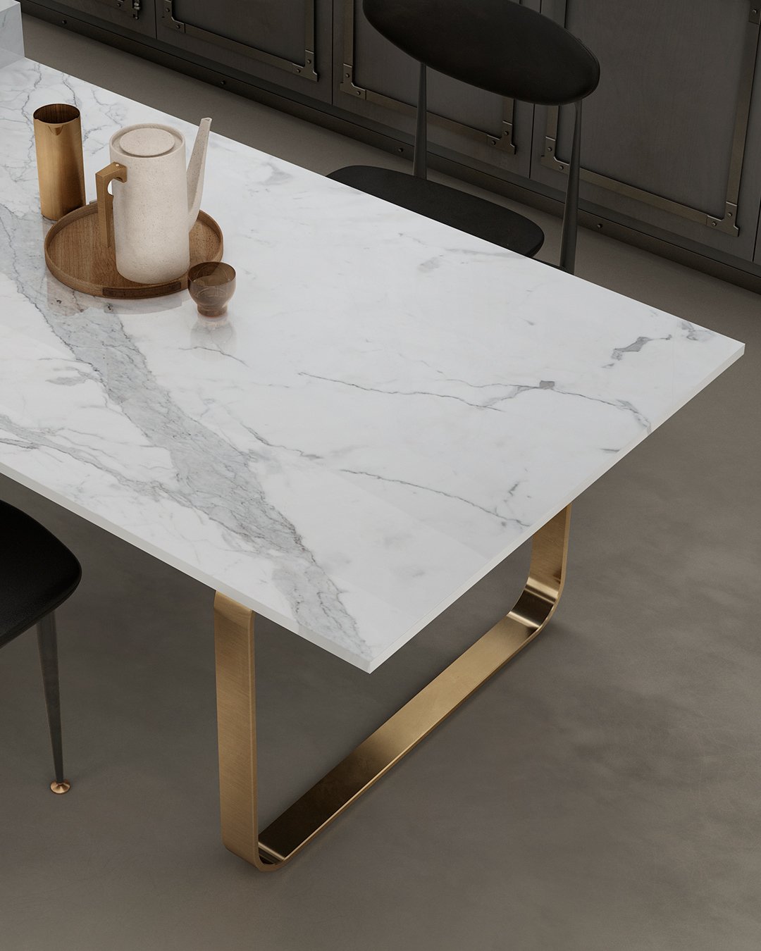 Rectangular porcelain table top with a sleek marble look and a modern gold base.
Brand: Infinity Surfaces