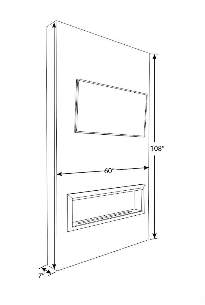 Technical line drawing of a 5ft x 9ft porcelain fireplace wall. Diagram shows exact dimensions of 60 inches wide, 108 inches high, and 7 inches deep, illustrating the integrated TV mount, electric fireplace insert, and seamless mitered side returns.
