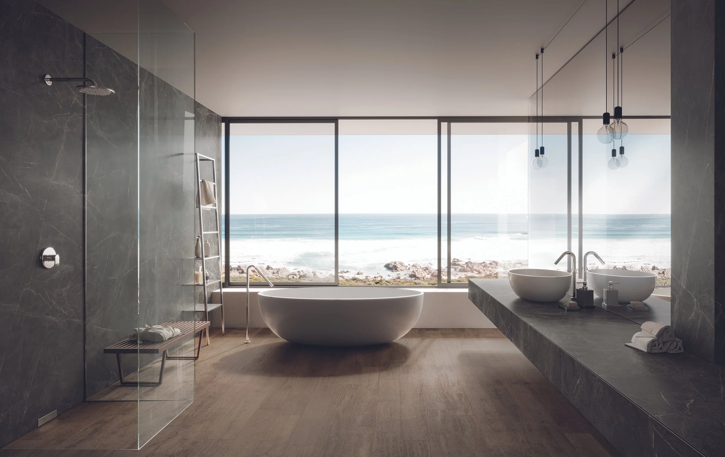 Atlas Plan Grey Stone porcelain slabs create a spa-like ambiance with a seamless shower and a striking vanity.  Large-format tiles minimize grout lines for a clean, modern aesthetic.