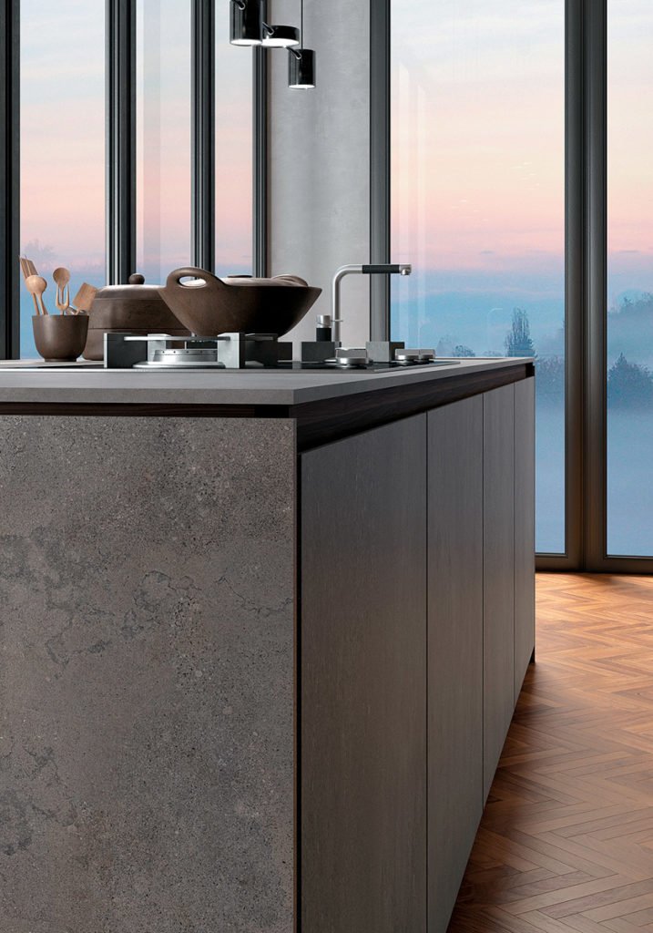 European style kitchen featuring thin porcelain countertop with soft edge profile