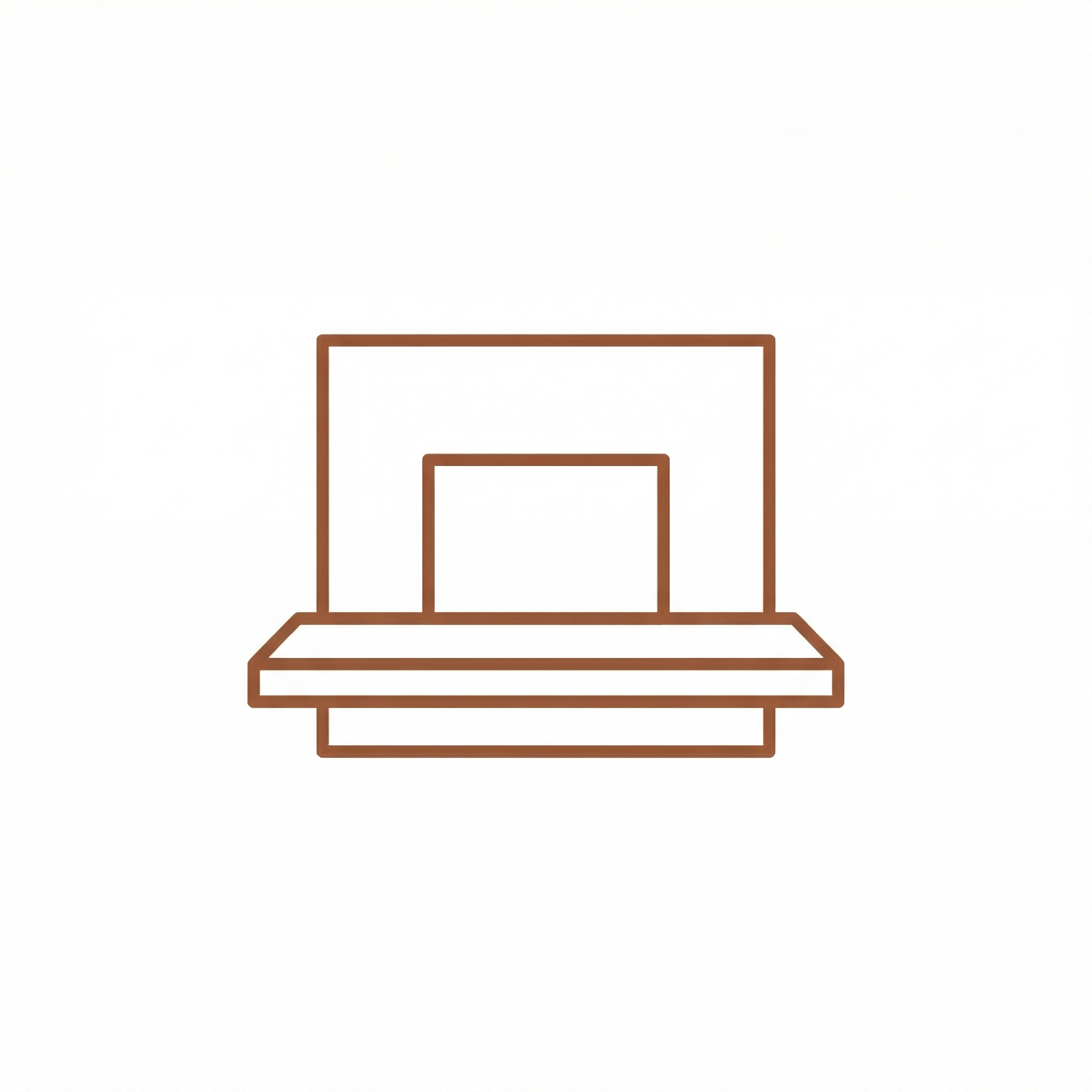 Line icon of a fireplace with a floating hearth, representing custom shelf options for porcelain media walls.