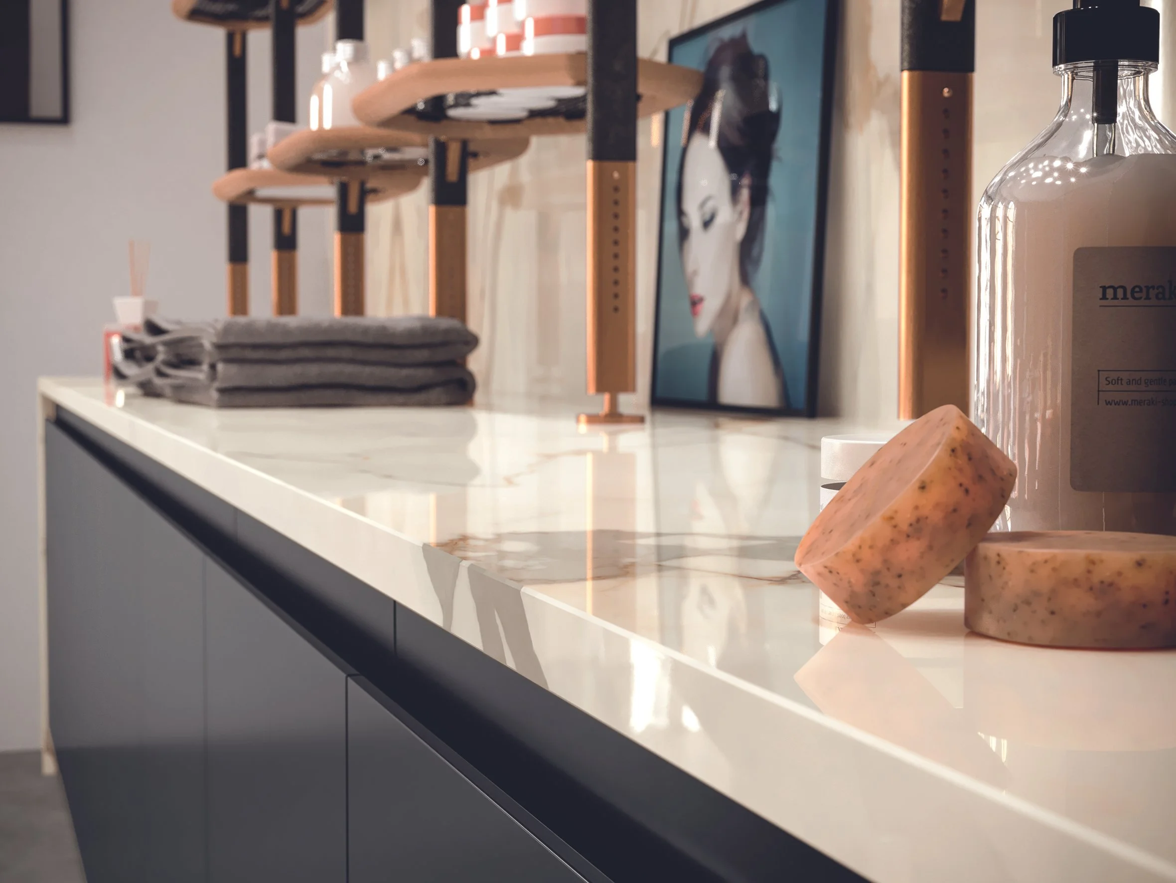 Close-up of continuous through-body veining on a polished porcelain slab countertop edge using Natura Vein Tech.