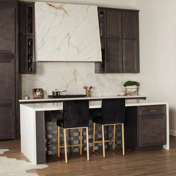 Close-up view of a flawless 45-degree mitered edge on a Daltile Panoramic Porcelain slab countertop custom engineered by Lais Luz.