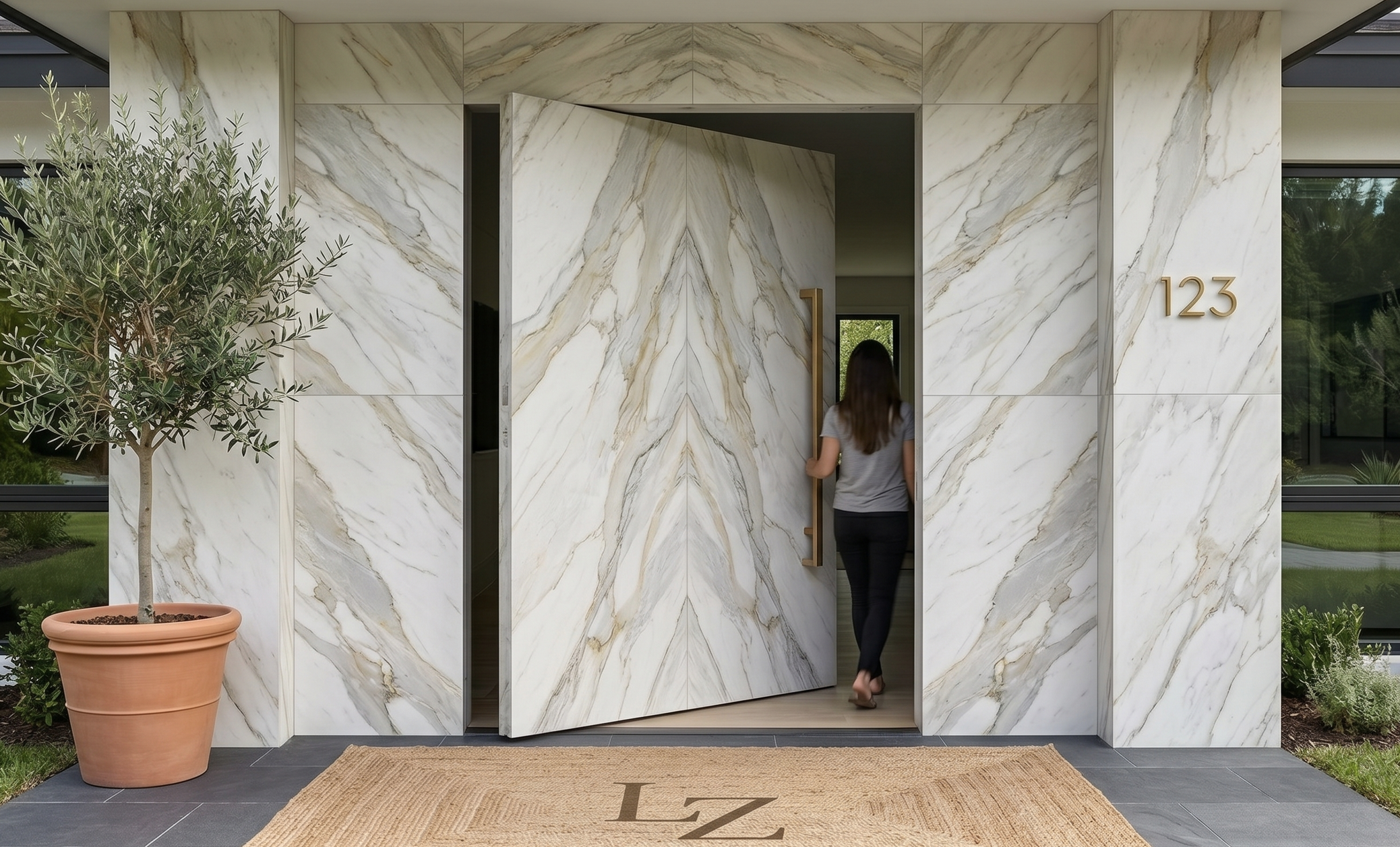 Modern residential entryway featuring a massive pivot door clad in high-performance vein-matched porcelain stoneware that completely blends into the exterior accent wall.