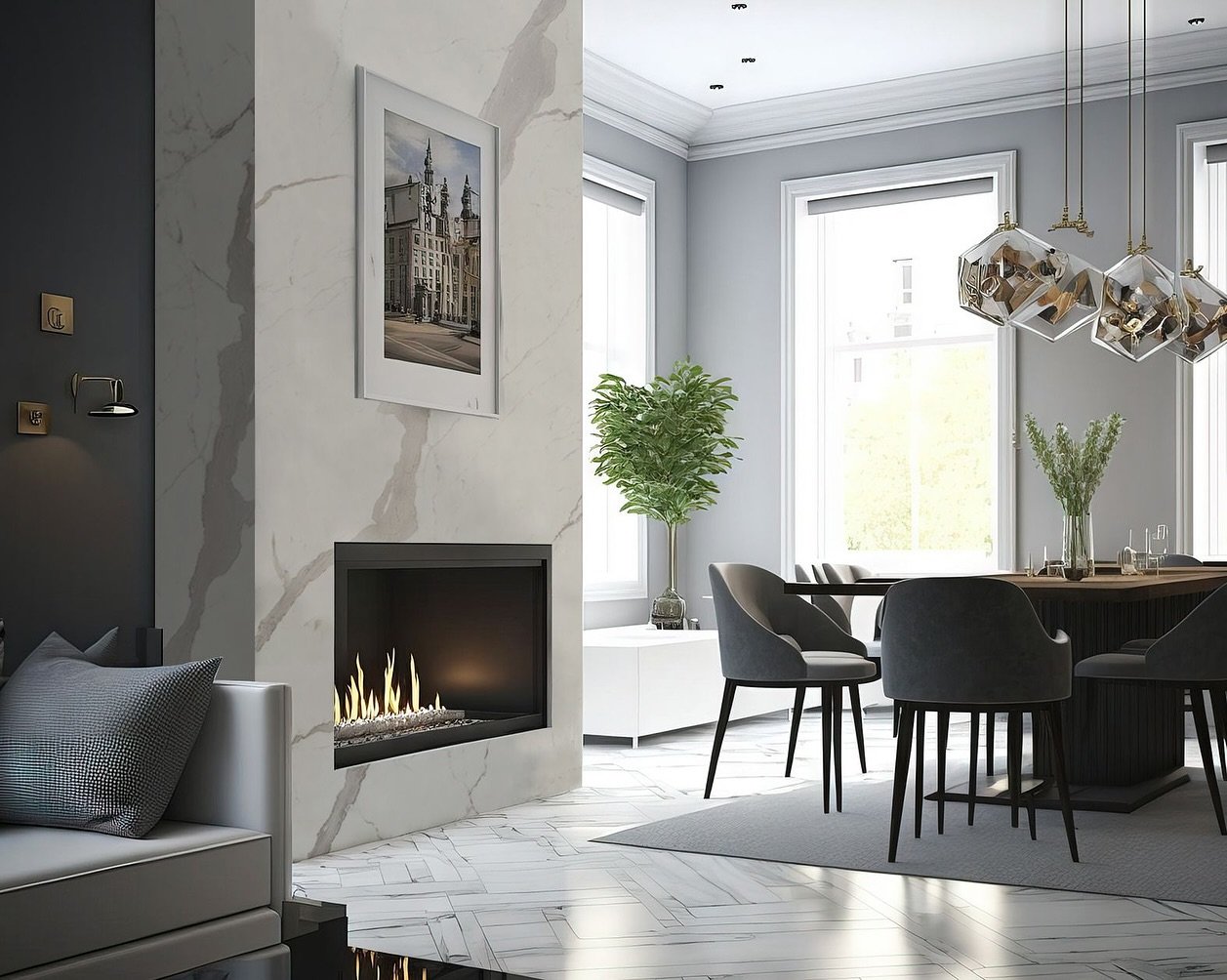 A luxury fireplace featuring a continuous marble-look porcelain slab