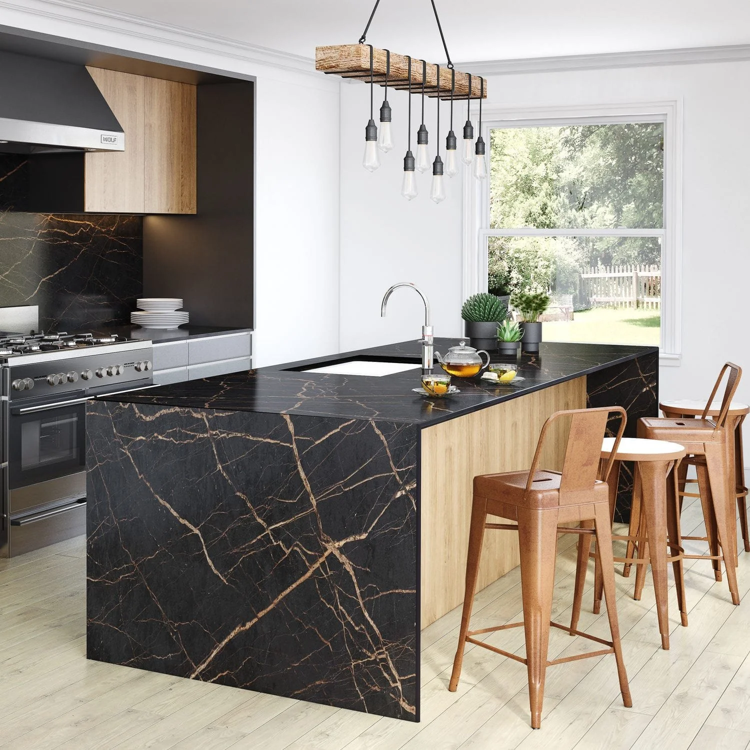 This kitchen commands attention with its bold, monochromatic palette. The eased-edge porcelain countertop, extending into a striking waterfall leg, anchors the island, while the minimalist cabinetry and sleek appliances create a sense of refined luxu