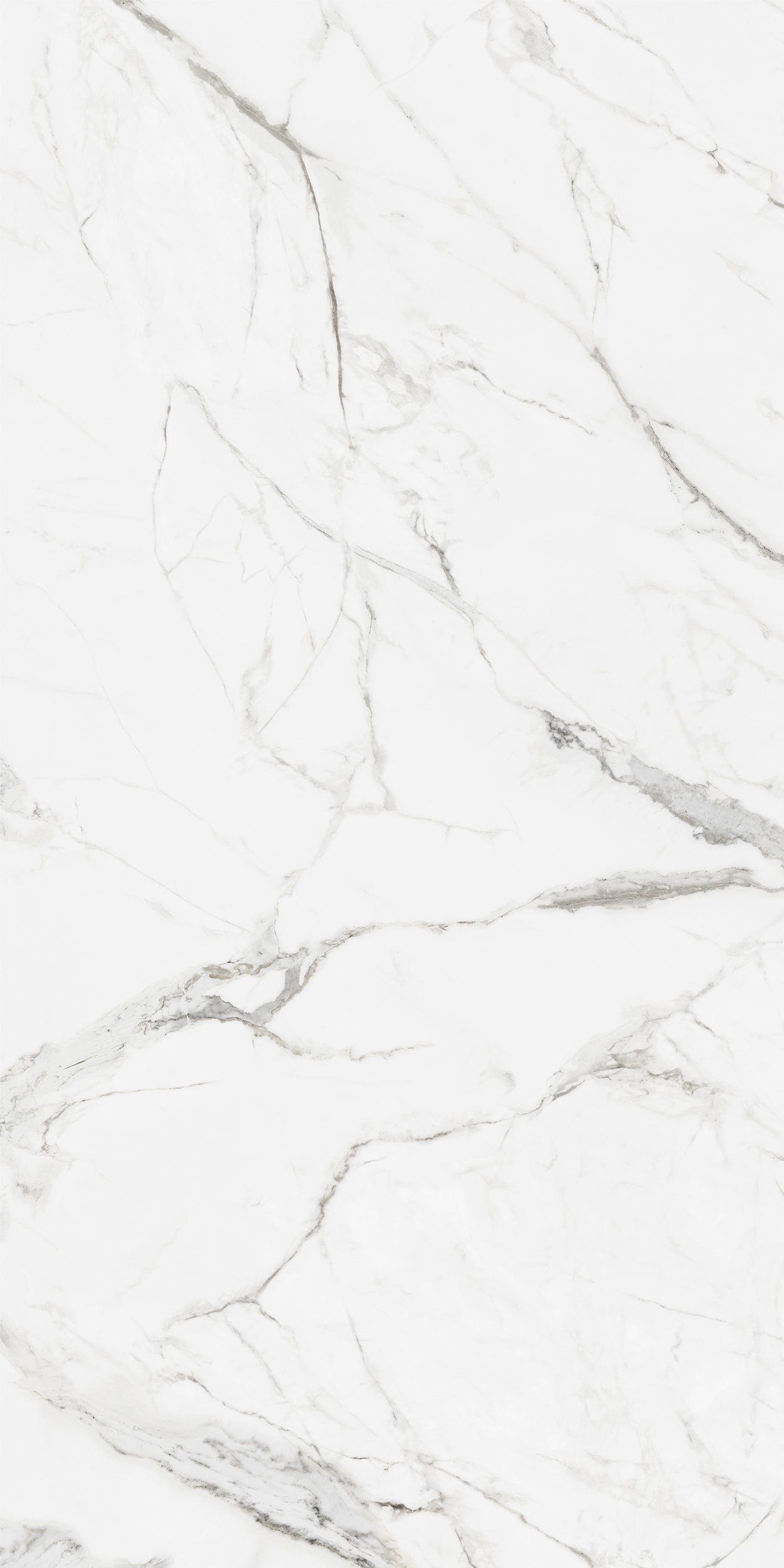Bianco Statuario porcelain slab. Bright white background with dramatic grey marble veining. High-end large format surface for luxury home applications.